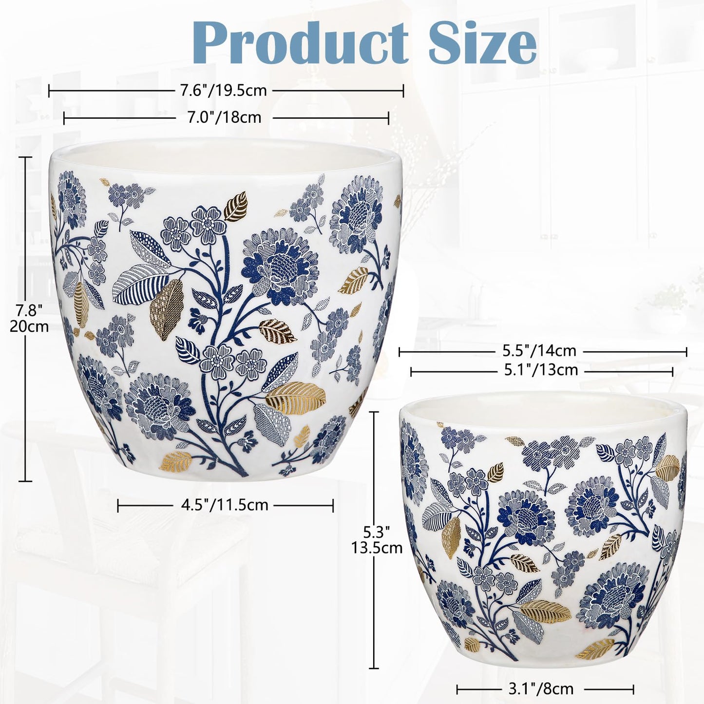 Decorative Flower Pots Blue and White Plant Pot Gold Accent Ceramic Planters for Indoor Plants Pots with Drainage Retro Planter Pot for Succulents Cactus Herb Snake Plants Outdoor Garden, 7.6/5.5 Inch