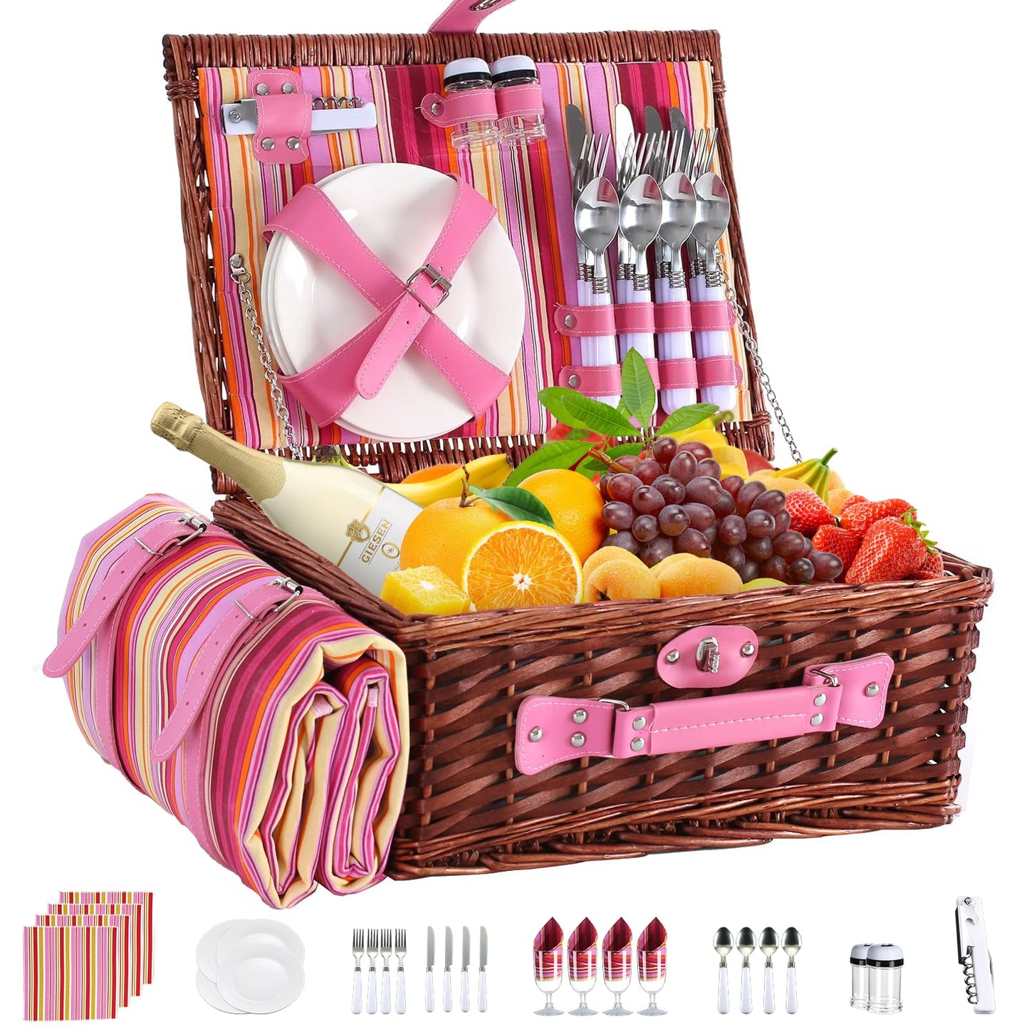 YPshuye Picnic Basket Set for 4 with Waterproof Blanket Mat Insulation Bag Wicker Pink Stripe Classic Fresh Gift for Christmas Thanksgiving Wedding Birthday Camp Outdoor Beach Travel