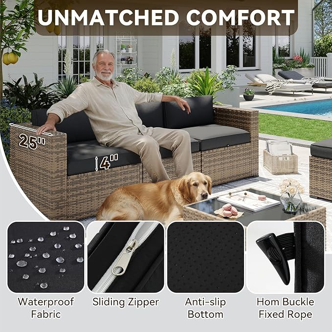 Aoxun Patio Furniture Sets, 14-Piece Outdoor Patio Furniture with 44'' Propane Gas Firepit Table, Wicker Outdoor Conversation Set Sectional Sofa for Backyard, Poolside, Garden