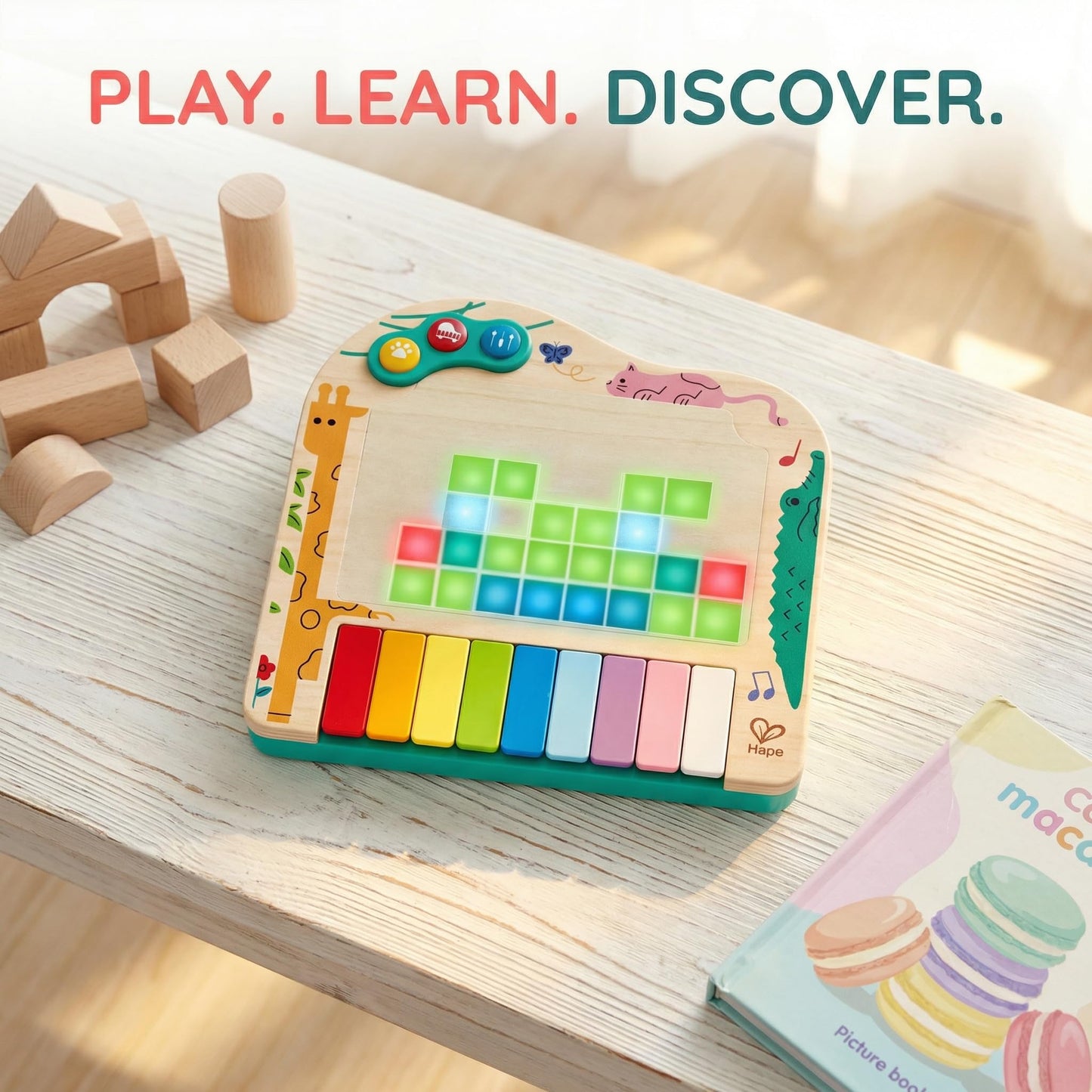 Hape Dynamic Pixel Piano - 3-in-1 Interactive Wooden Piano Toy for Toddlers Age 1-6, Musical Sensory Toy with LED Pixel Art Screen, Guided Melodies & Animal Sounds, Early Learning Educational Gift