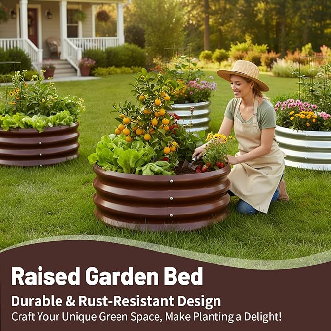 GOOZOO 2PC Galvanized Planter Raised Garden Beds, 2x2x1ft Raised Garden Bed Kit for Gardening Outdoor, Round Metal Land Planter Box for Vegetables, Fruits, Flowers（Brown）
