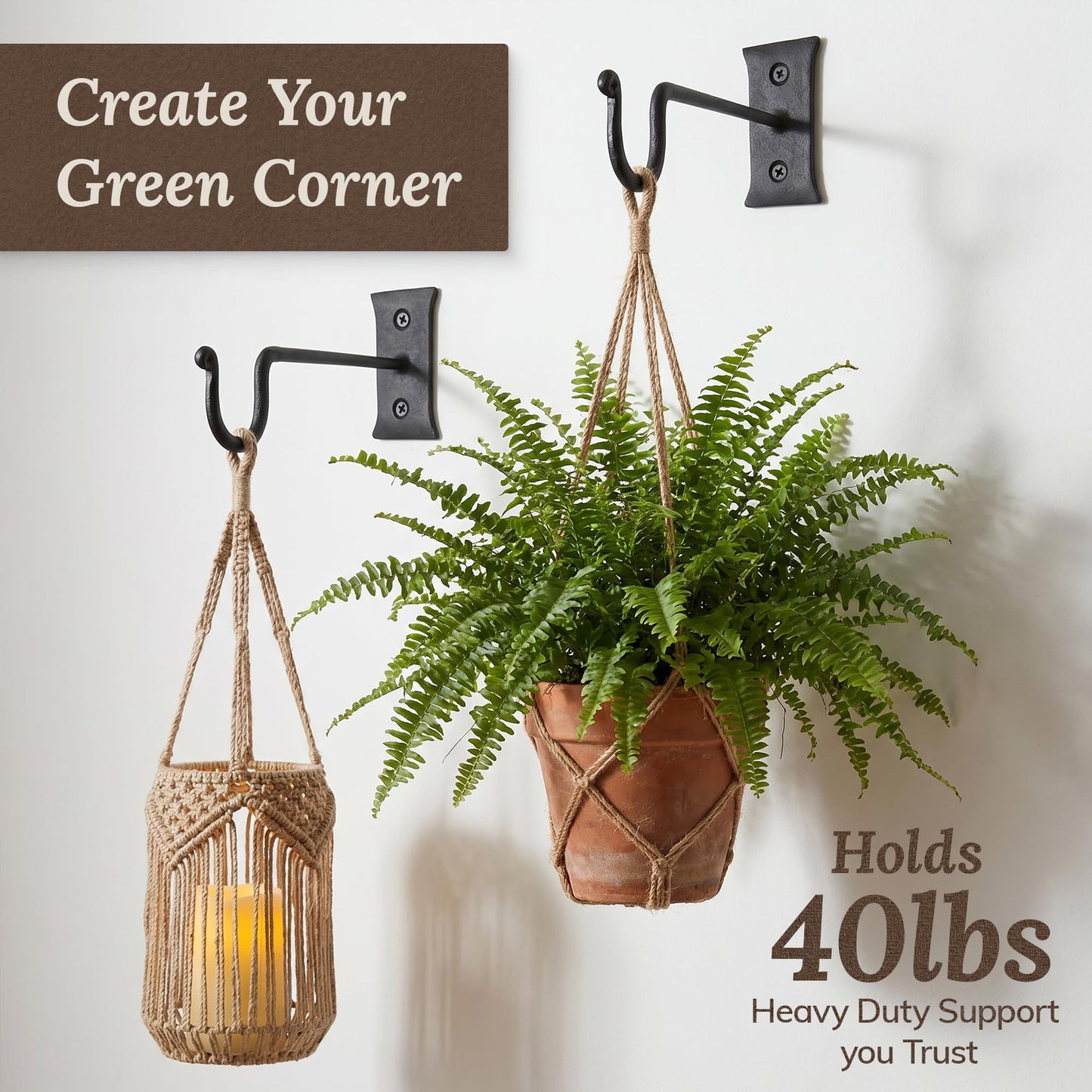 Hooks for Hanging Plants (2 Pack) Perfect for Hanging Planters for Indoor Plants or Outdoor Plants - Non Rusting Wall Hooks for Hanging Plants, Baskets, Lanterns, Feeders (7.5 inches, Black)