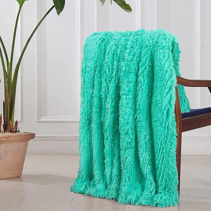 Tuddrom Decorative Extra Soft Faux Fur Throw Blanket 70"x78",Solid Reversible Fuzzy Lightweight Long Hair Shaggy Blanket,Fluffy Cozy Plush Fleece Comfy Microfiber Blanket for Couch Sofa Bed,Teal Blue