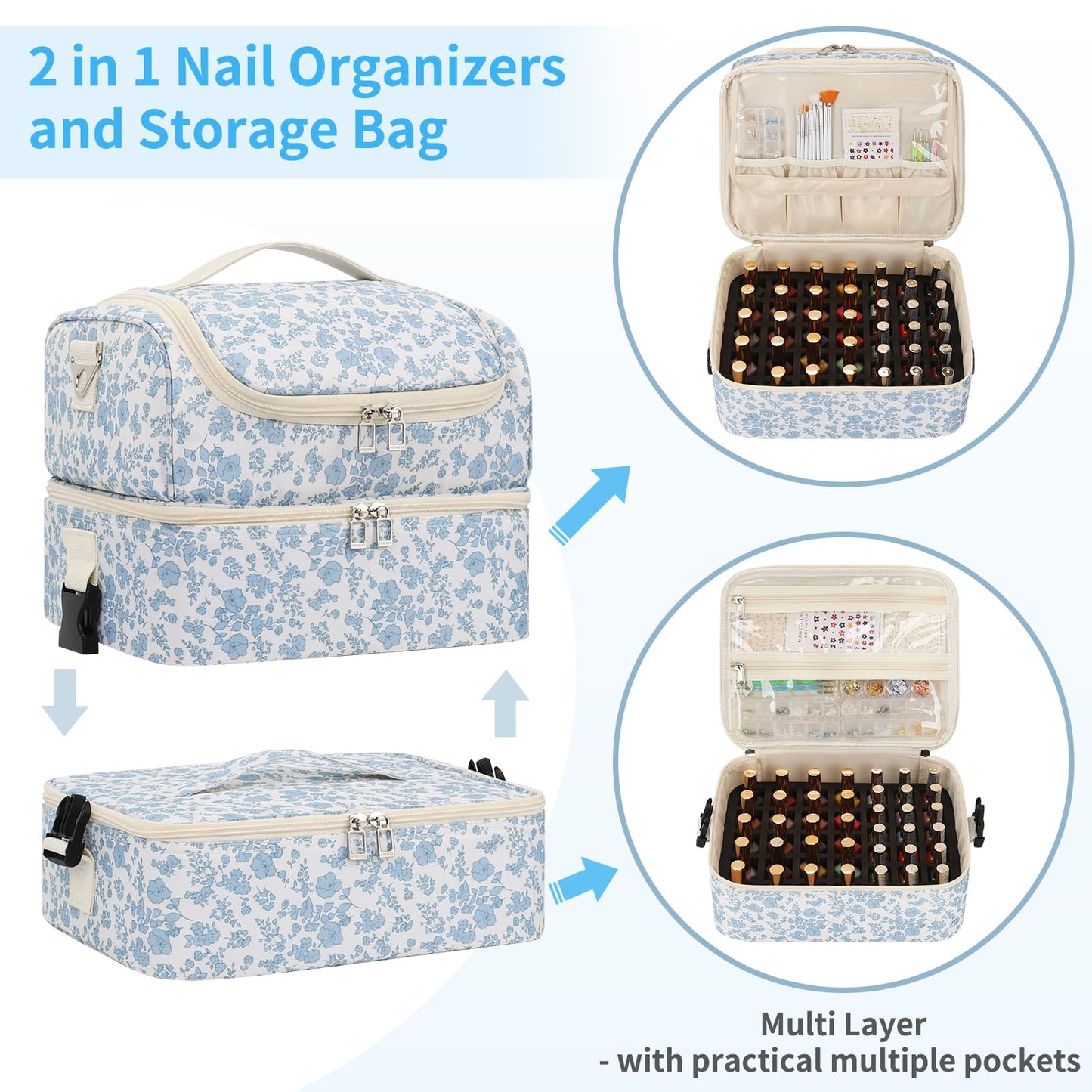 Extra Large Nail Polish Organizer - Three Layer Nail Organizers And Storage Bag, Portable Nail Supplies Organizer Case, Nail Tech Kit Travel Carrying Box with Shoulder Strap (Floral Blue, 86 Slots)