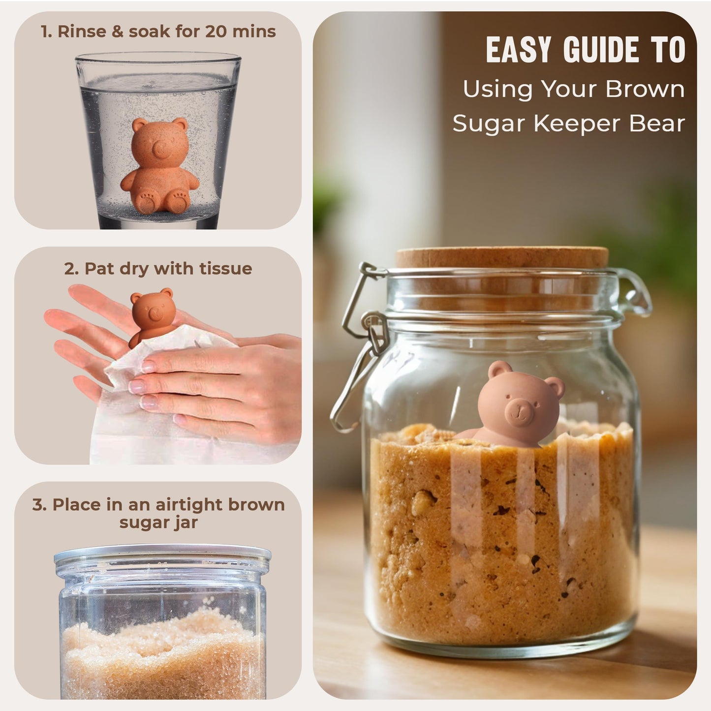 Sifri Art Brown Sugar Bear Keeper – 3D Terracotta Clay Sugar Saver Softener, Reusable Moisture Stone for Brown Sugar, Cookies, Marshmallows, Herbs, Baking & Kitchen Storage
