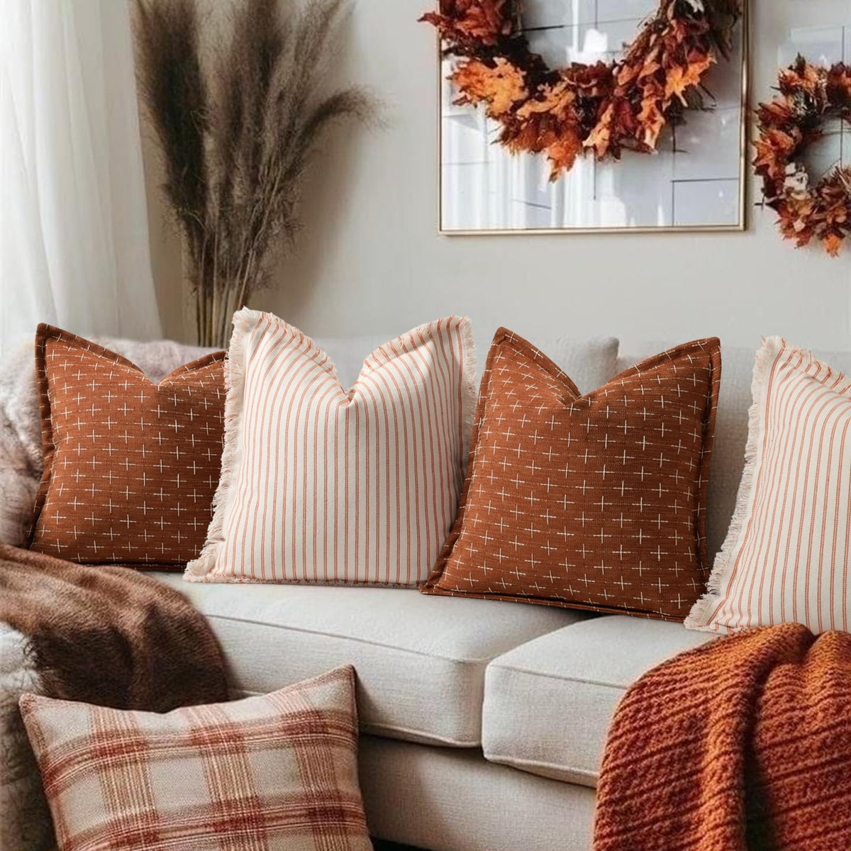 Fall Pillow Covers 24x24 Set of 2 Soft Polyester Textured Rust Pillow Covers with Stylish Flange Edge Cozy Farmhouse Throw Pillows for Couch Bed Sofa Living Room Fall Decor (2 Count)