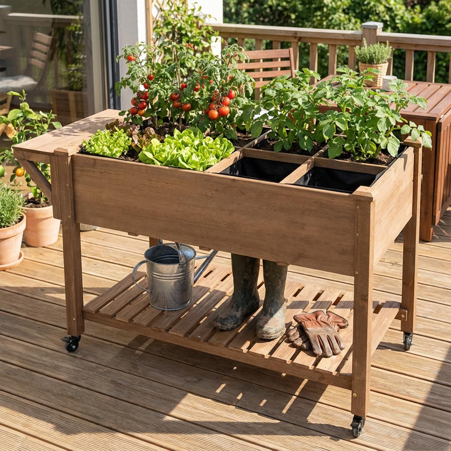 33"H Raised Garden Bed with Wheels, Ergonomic Elevated Wood Planter Box with Shelves and Root Drainage, Upgraded Metal W-Shaped Sturdy, Ideal for Vegetable Herb Flower, Backyard Balcony Patio