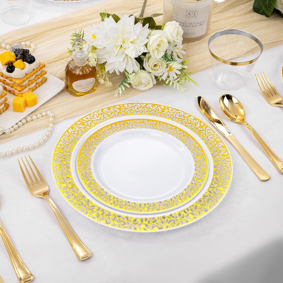 WELLIFE 210Pcs Gold Plastic Dinnerware - Disposable Silverware and Cups, Include:30 Dinner Plates, 30 Dessert Plates, 30 Paper Napkins, 30 Cups, 30 Gold Plastic Cutlery Set for Party, Wedding