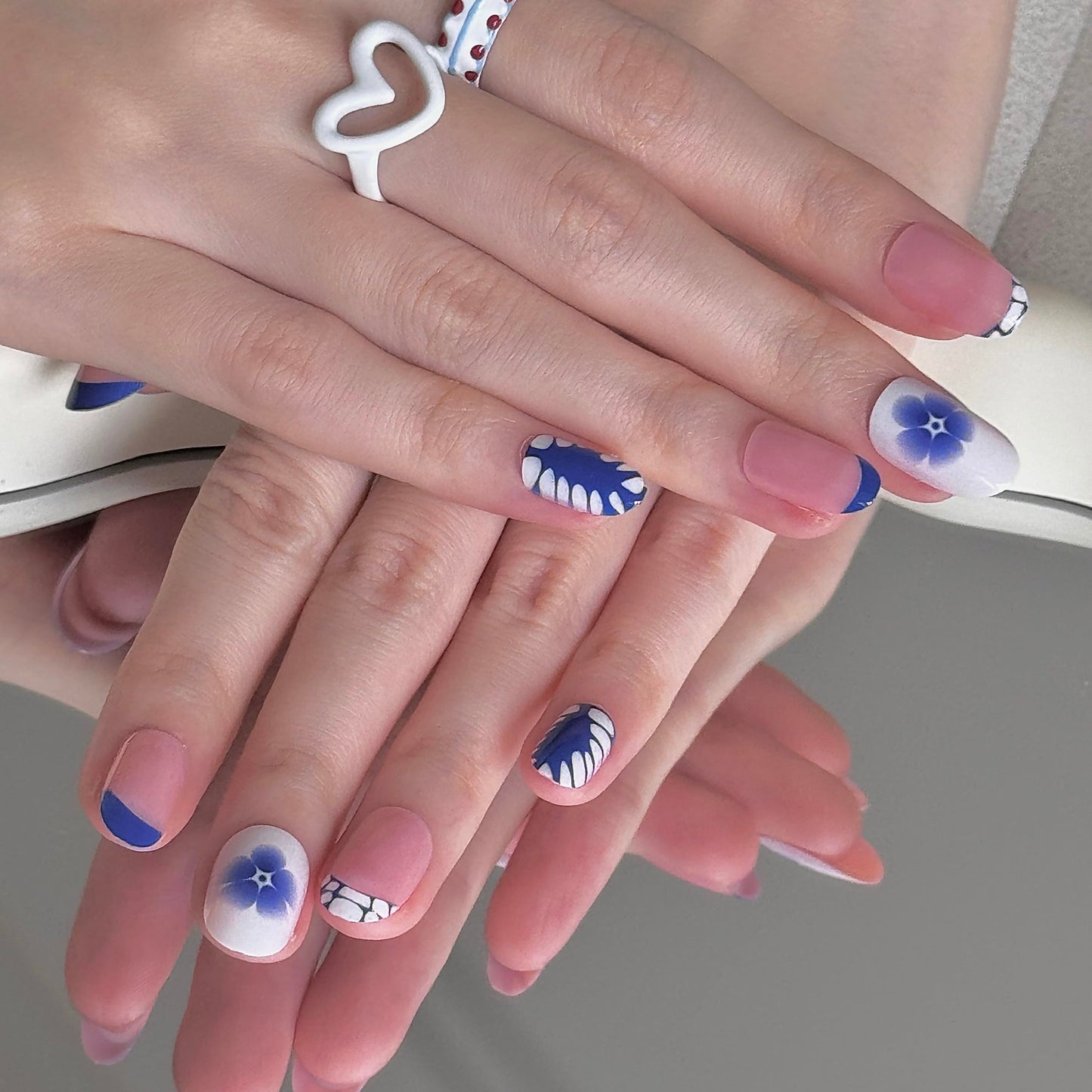 24 Pcs French Tips Almond Cute Press on Nails - Blue, Preppy, Handmade Flowers Designs - Short Round Nails