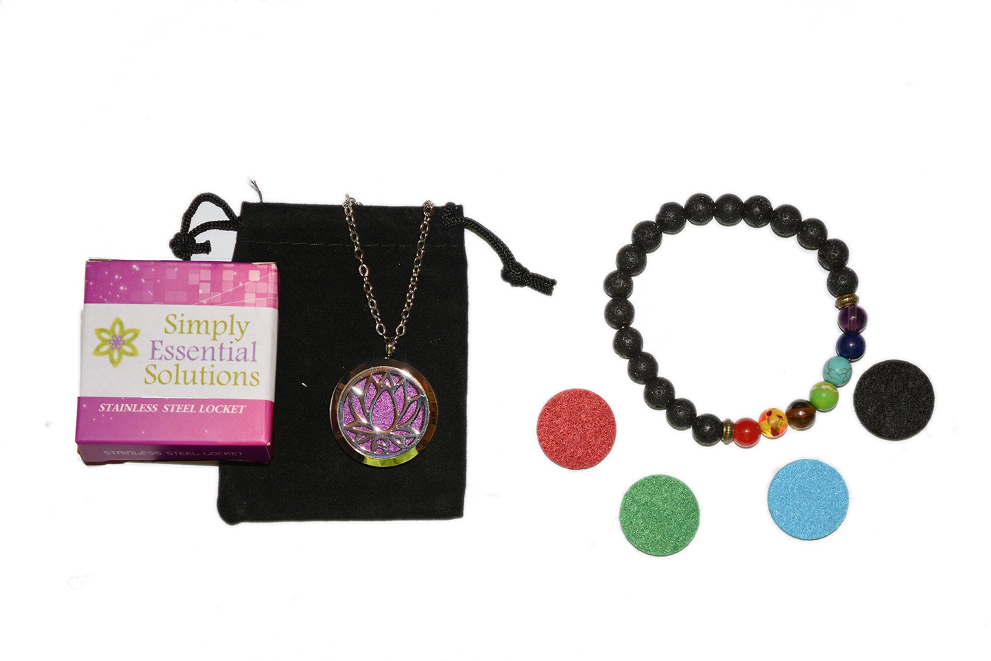Aromatherapy Essential Oil Diffuser Stainless Steel 30MM Silver Magnetic Locket Pendant with Chain Necklace and Colored Refill Pads & Diffuser Bracelet All in a Velvet Bag (Flower)