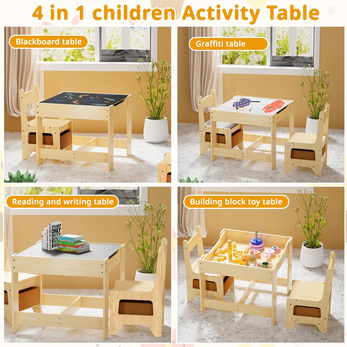 Kids Table and Chair Set, Wooden Activity Table with Storage Drawer, Detachable Tabletop for Toddlers Drawing, Reading, Art Crafts, Kids Learning Table and Chair Set for Home, Playroom (Wood color)