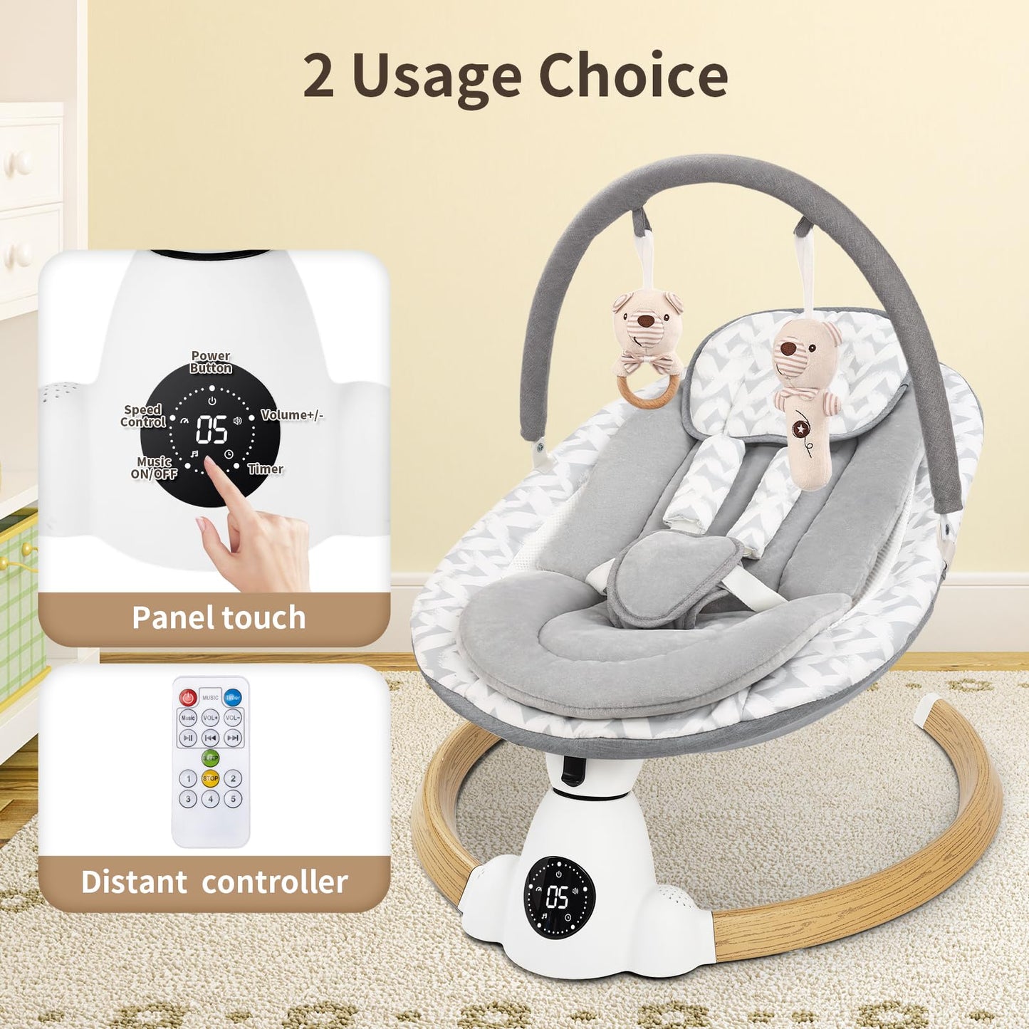 Baby Swing for Infants with 5 Swing Speeds, Portable Electric Baby Swing with Bluetooth, Remote Control & Touch Panel, 5-Point Harness,Indoor & Outdoor Use