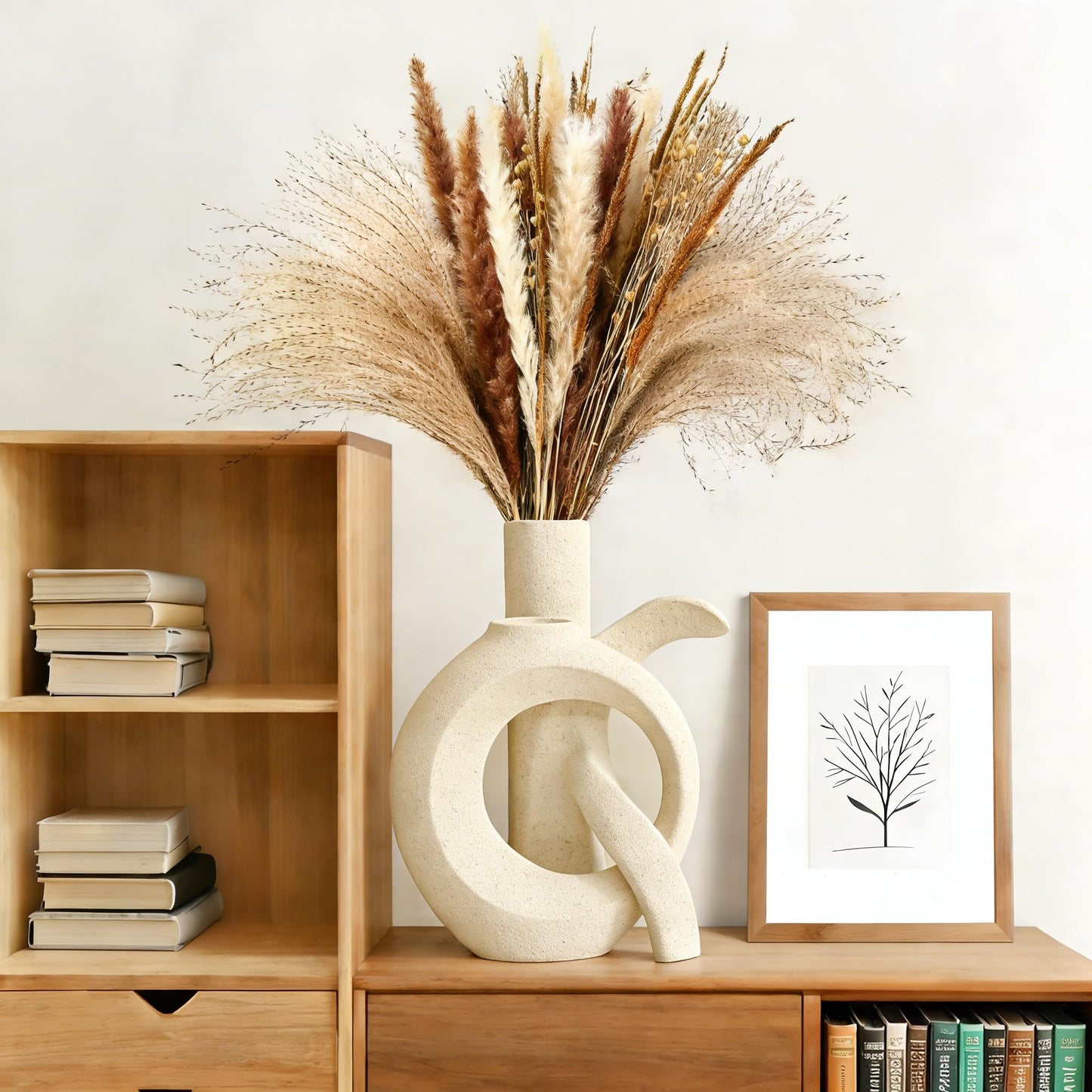 Assemble OK Ceramic Vase Set of 2 for Home Decor, Modern Boho Ins Style Matte Vase for Pampas Grass for Table Centerpiece, Living Room, Shelf, Mantle, Housewarming Gift (Beige White)