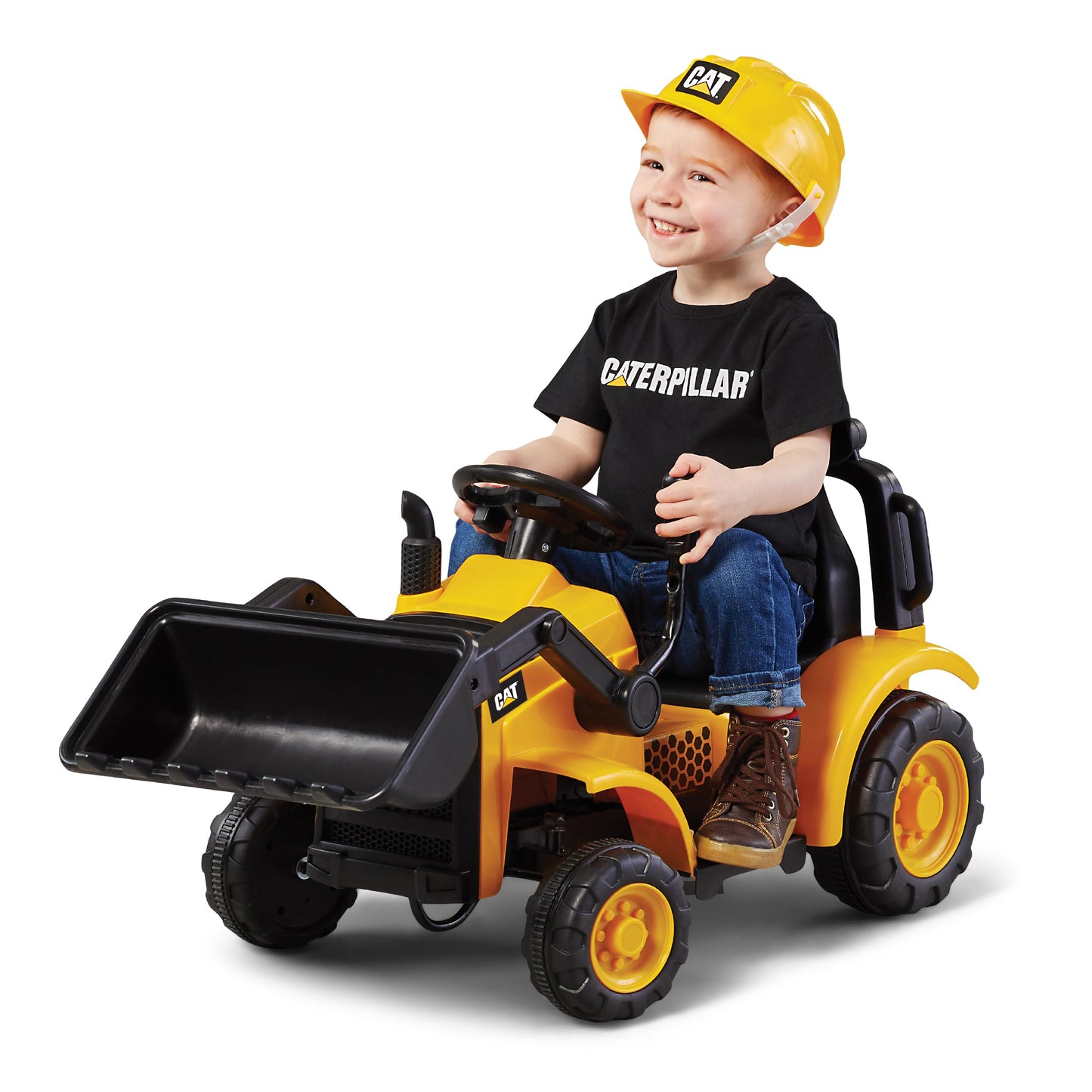 Kid Trax 6V CAT Frontloader Ride-On Toy for Kids, Ages 18-36 Months, Max Weight 44 lbs, Easy Push Button Drive System and Pull Front Bucket Lever, Includes Toy Hard Hat