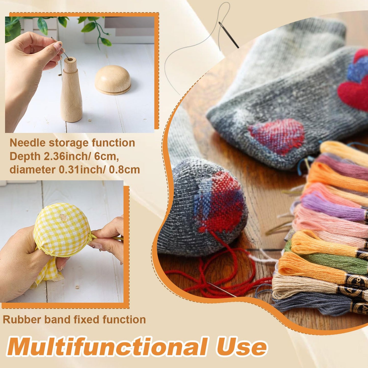 Jexine Mini Darning Mushroom for Socks 14 Hooks Small Speedweve Style Weaving Darning Loom with 9 Pcs Large Eye Needles 50 Colors Thread for Handcraft DIY Weaving Repair Tool