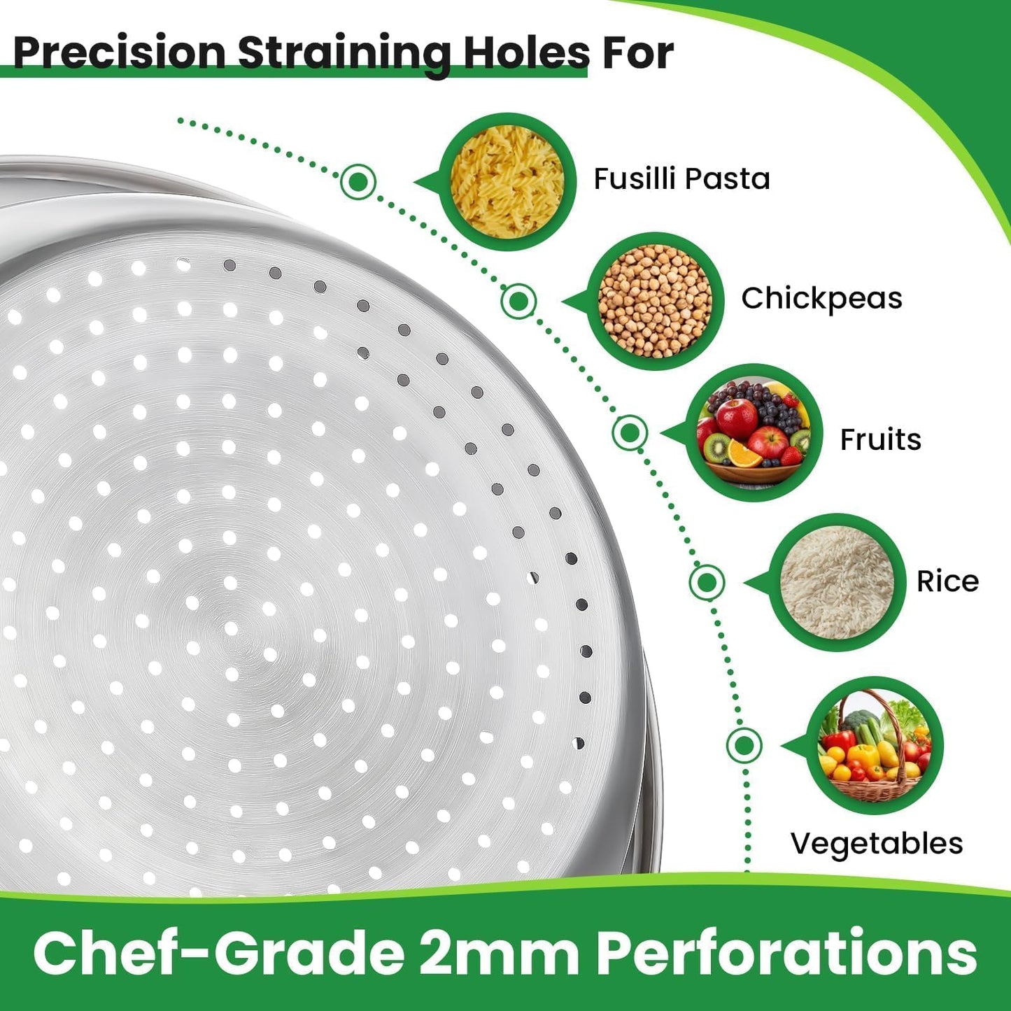 3.5QT Hands-Free 304 Stainless Steel Strainer and Colander with Self-Draining Base, Kitchen Microporous Strainers for Rice Pasta Fruits and Vegetables