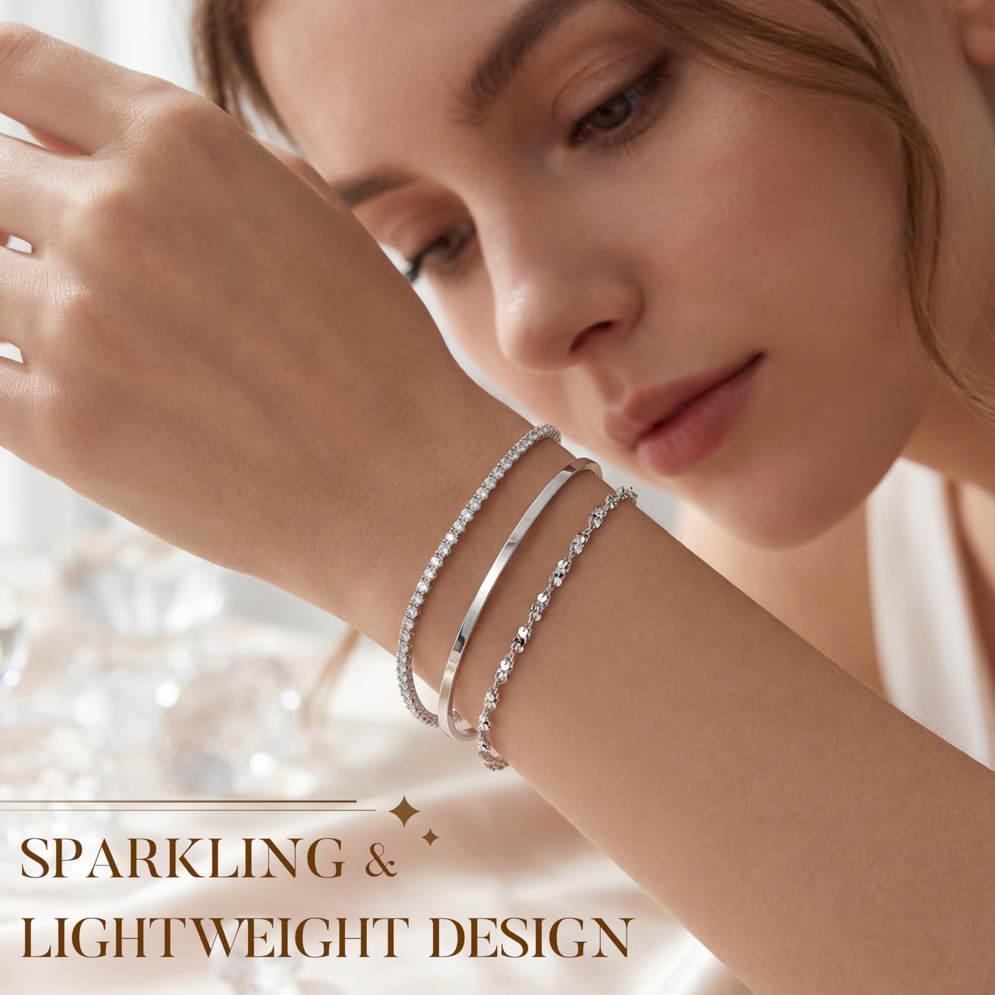 Poxtex Silver Cuff Bracelets Set for Women - 3 Pcs Stackable Open Bangles, Cubic Zirconia Tennis, Stardust & Thin Polished Band, Non Tarnish Stainless Steel Jewelry Gifts