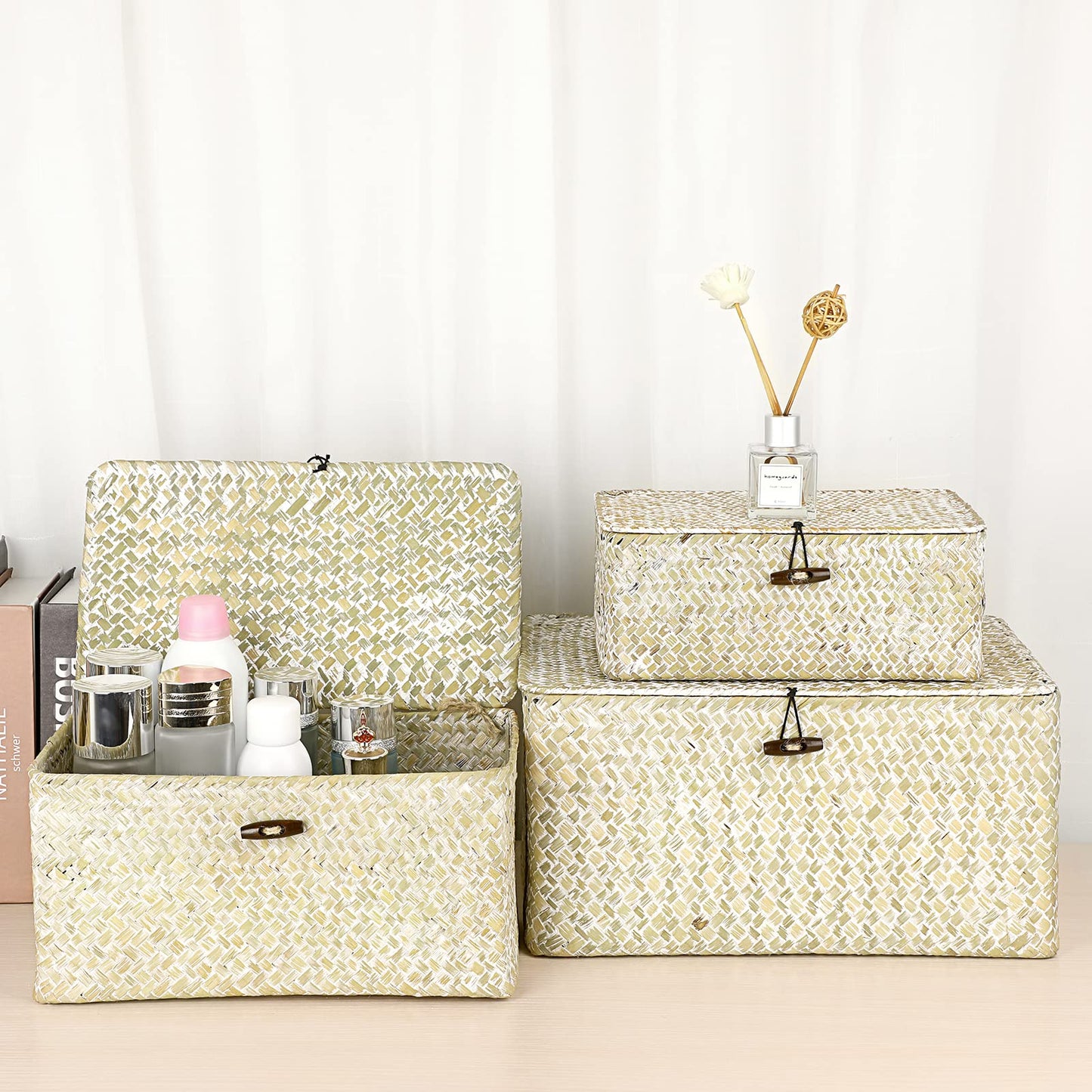 Hipiwe Wicker Shelf Baskets Bin with Lid Natural Seagrass Basket Storage Boxes Small Woven Basket Multipurpose Home Organizer Bins Box for Shelf Closet Bedroom Living Room Home Decor, Whitewash