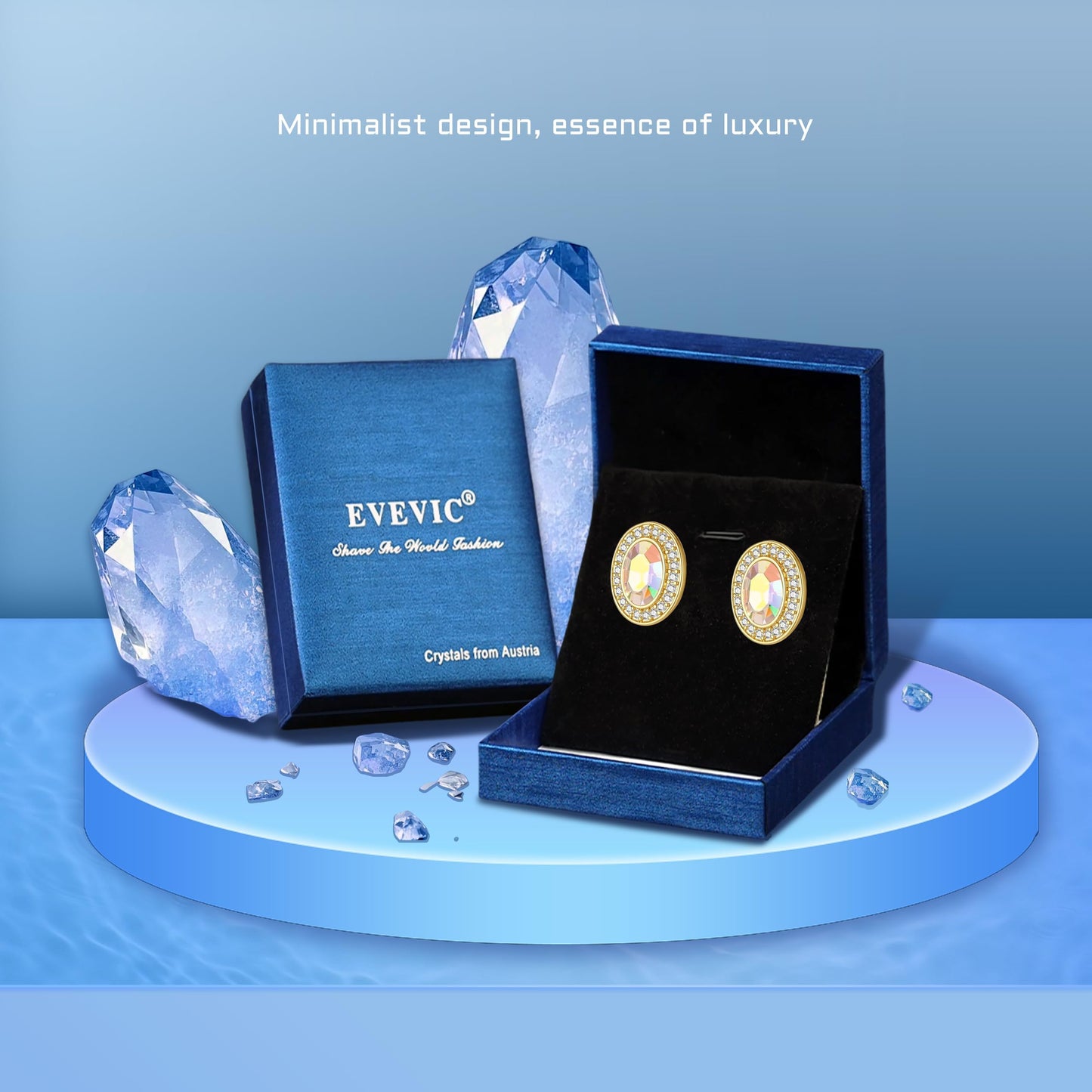EVEVIC Austrian Crystal Halo Oval Stud Earrings for Women Trendy,14k Gold Plated Hypoallergenic Earring Jewelry Gift (Aurora Borealis)