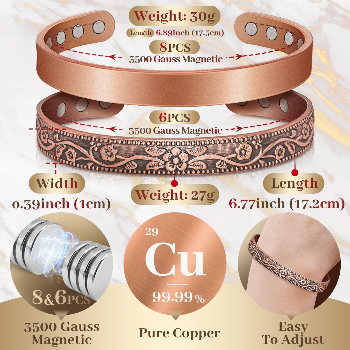 Auramag Magnetic Bangle for Women, Copper Cuff Bangle with 3500 Gauss Magnets, 100% Pure Copper Jewelry Gift Adjustable (2 PCS)