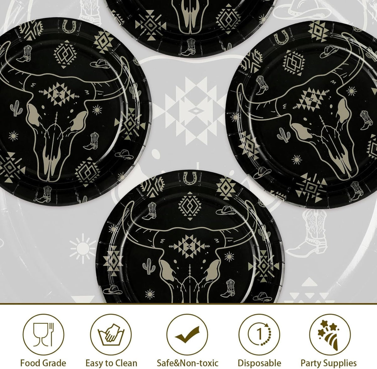 Grencian 50Pcs Bull Skull Decorations 9in Heavy Duty Disposable Western Cow Skull Desert Paper Plates For Southwestern Cowboy Party Supplies
