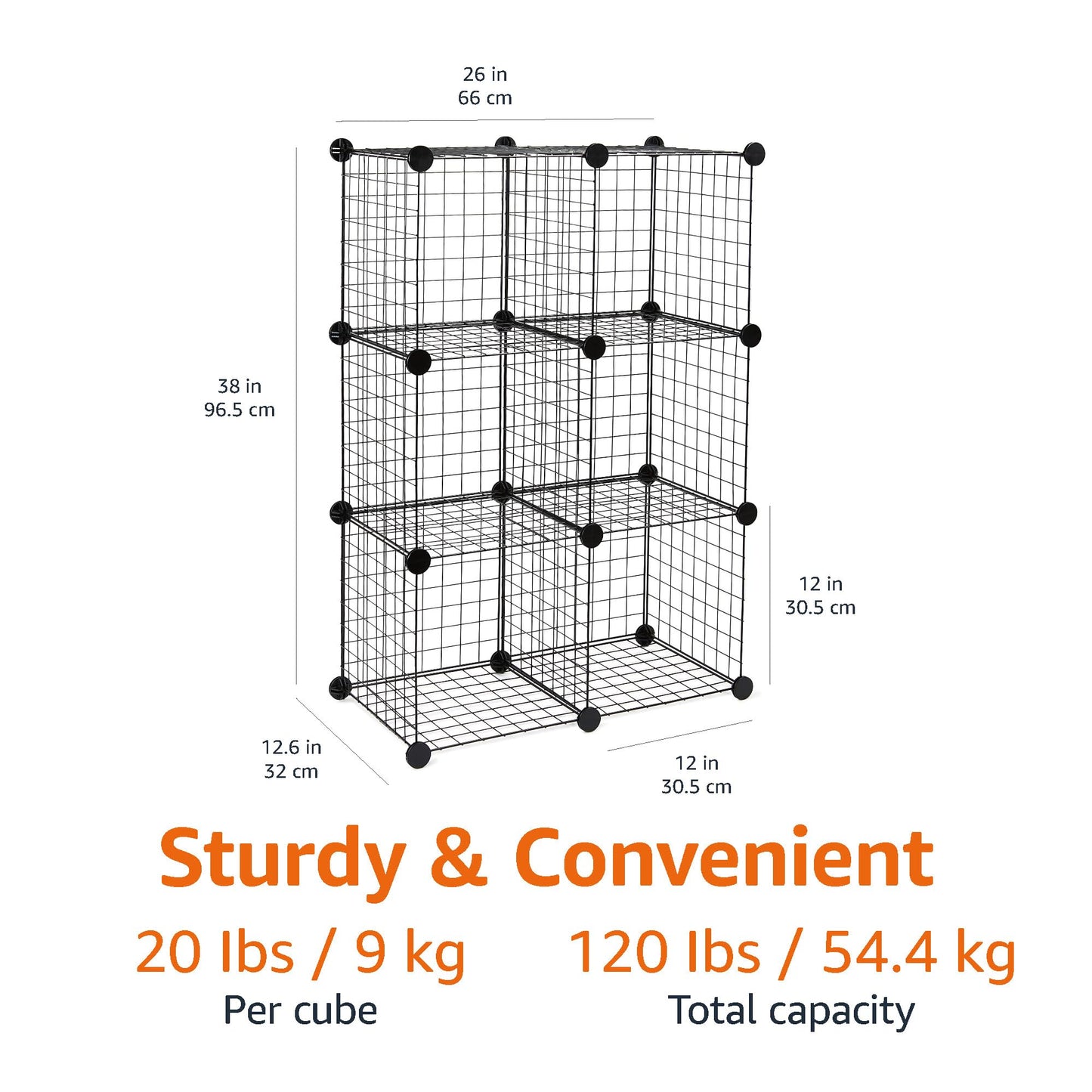 Amazon Basics 6-Cube Wire Grid Stackable Storage Organizer, Metal Shelving Unit, No-Tool Assembly, 26"W x 38"H x 12.6"D, Black