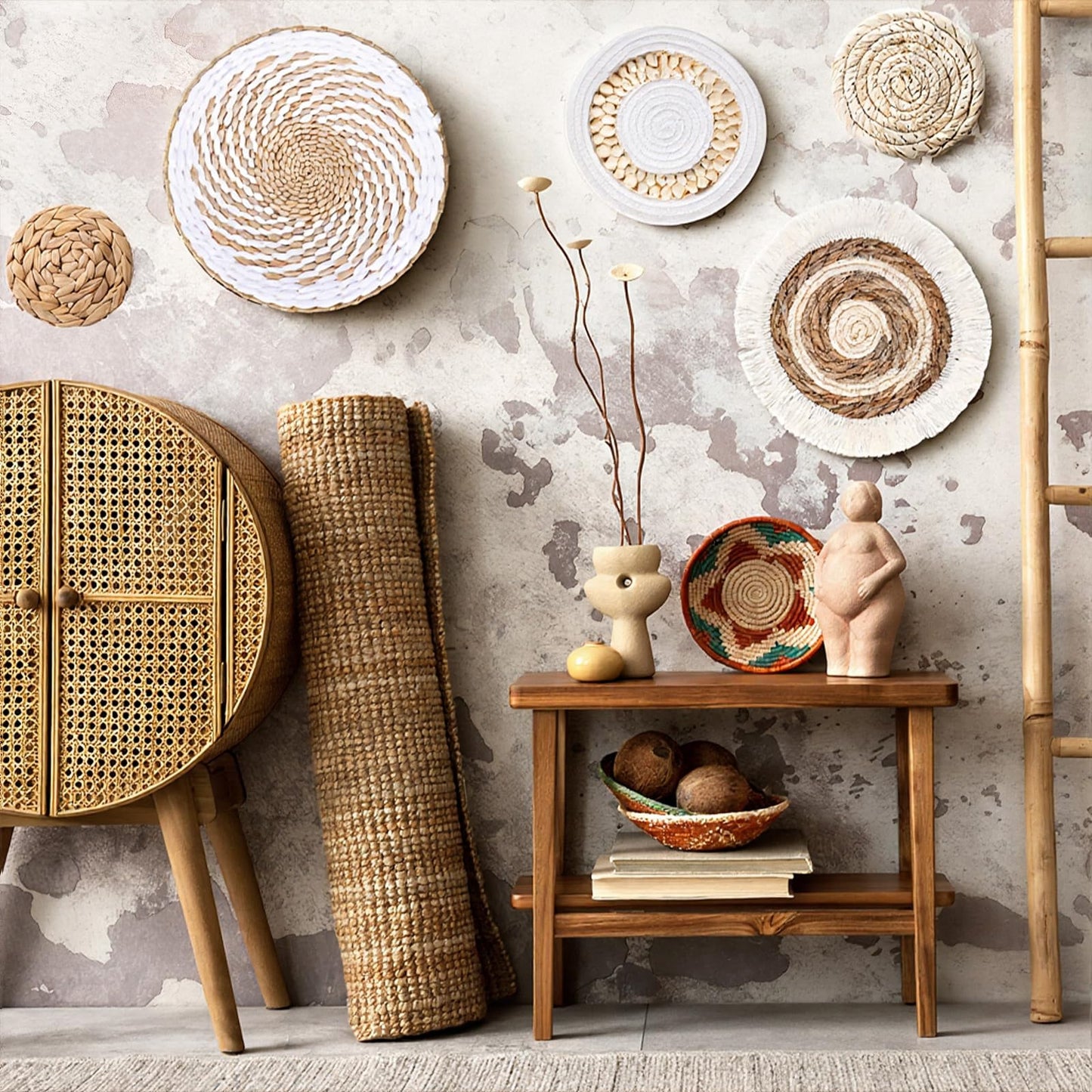 Oqqlin 7 Pcs Boho Wall Basket Decor, Handmade Seagrass Rattan Wicker Wall Decor Flat Round Rustic Woven Hanging Art for Bedroom, Kitchen, Living Room, Office Decorations