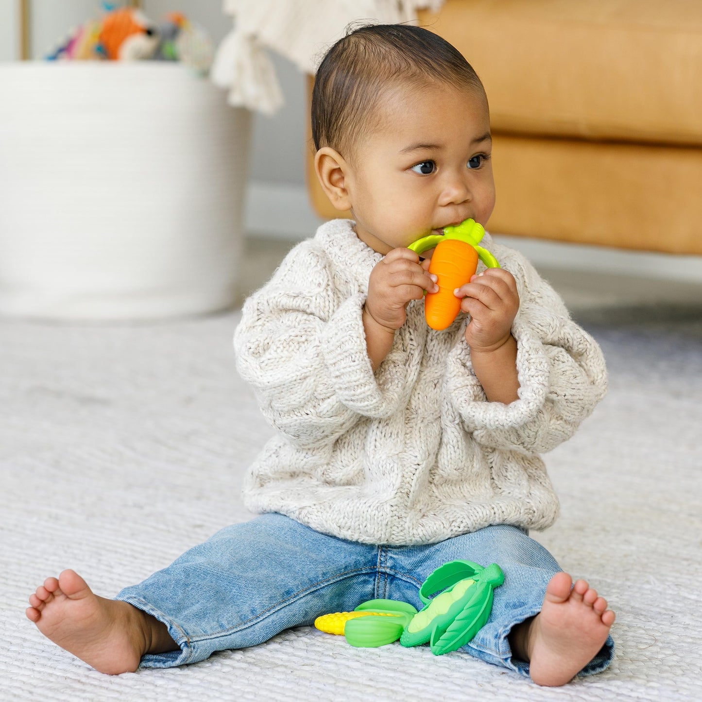 Infantino Lil’ Nibbles Textured Silicone Teethers, BPA-Free Baby Teething Toy, Soft, Easy to Hold, Sensory Stimulation for Infants, Carrot, Corn, Pea Pod, 3-Pack Set