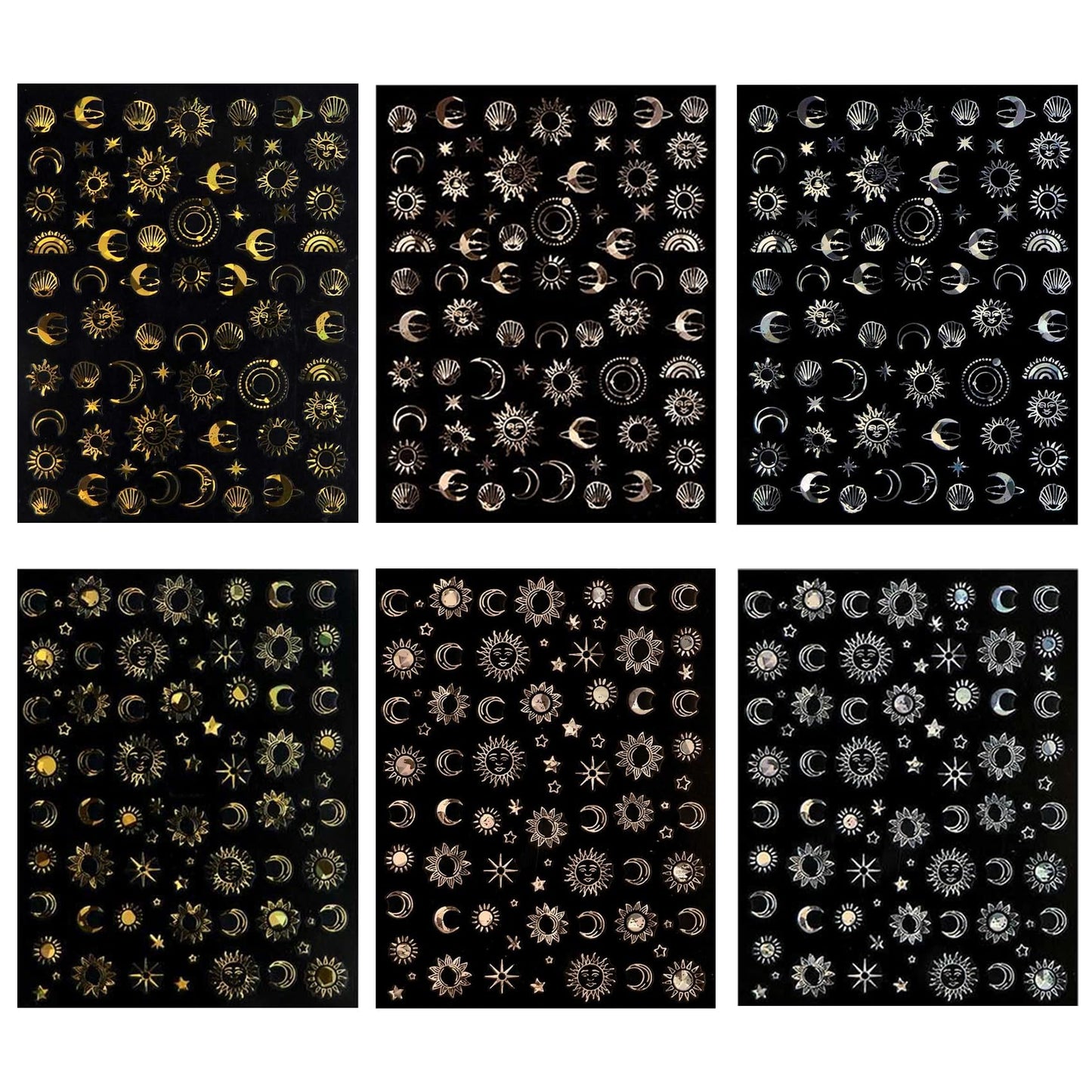 IDDFEVE Gold Sun Nail Art Stickers - Sliver Moon Star Self-Adhesive 3D Nail Decals for DIY Golden Slivery Manicure (6 Sheets)