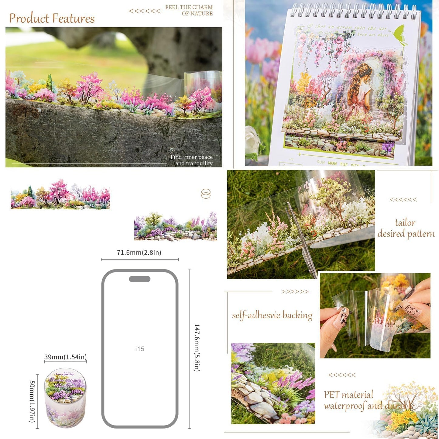 Floral PET Tape Stickers for Journaling Supplies, 6 Rolls Flower Cluster Themed Decorative Scrapbook Stickers for Journaling, Junk Journal Supplies, Planer (Flower Cluster)