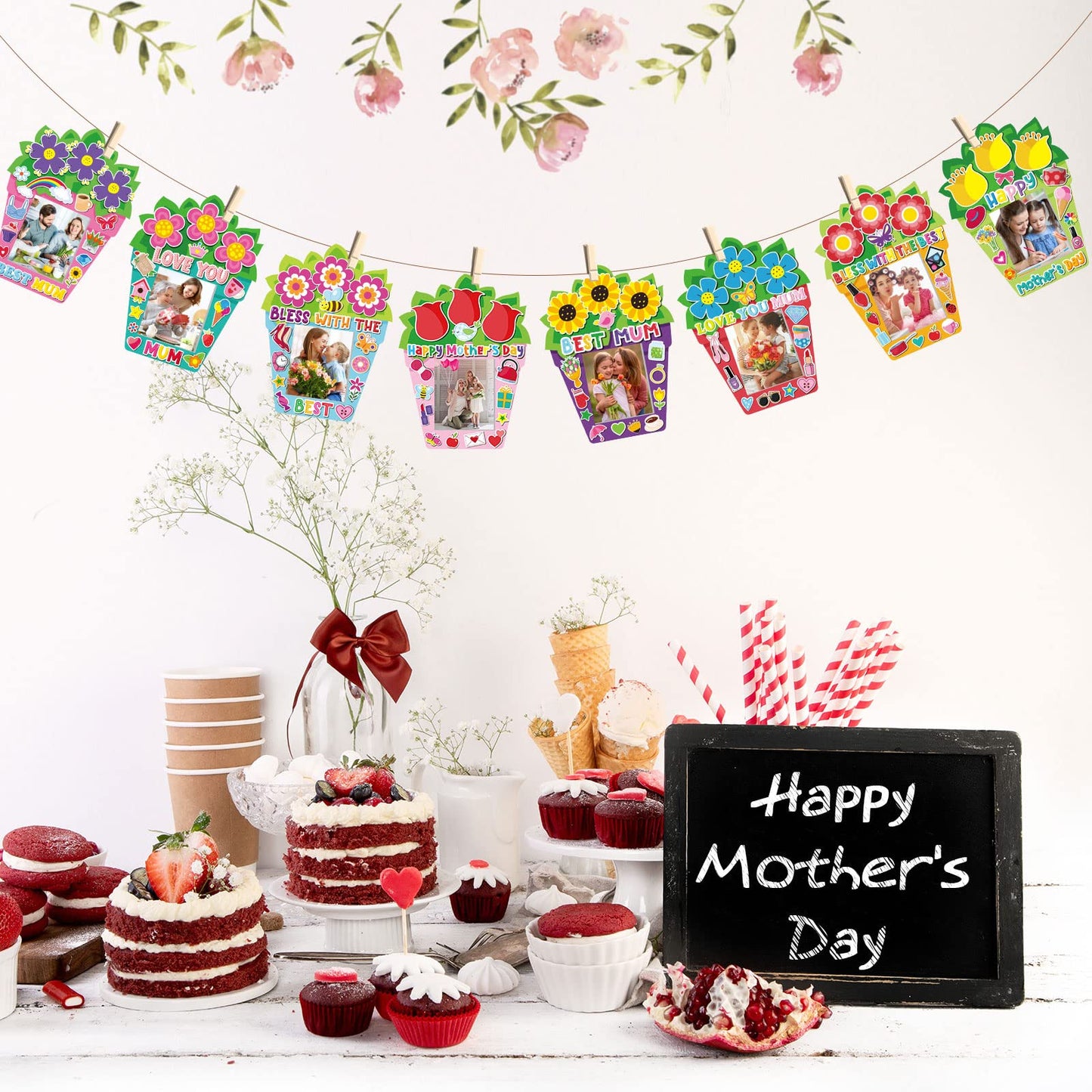 Fuutreo 96 Pieces Mother's Day Craft Kit, Mother's Day DIY Picture Frame, 48 Paper Photo Frames with 48 Sticker Sheets, DIY Classroom Activity, Party Decor, Mom Gift(Flower)