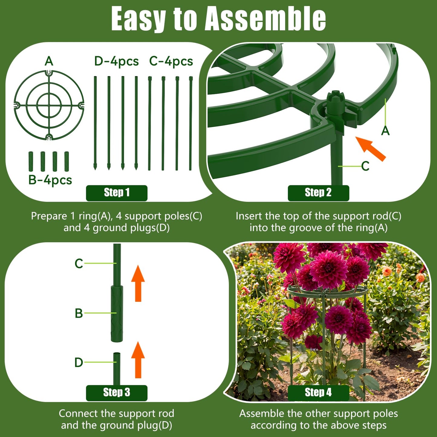 4 Pack Peony Cages and Supports, 11.8" D x 25" H Plant Supports for Outdoor Plants, Peony Support Cage Flower Support Rings, Plant Support Ring for Rose Tomato Hydrangea Strawberry