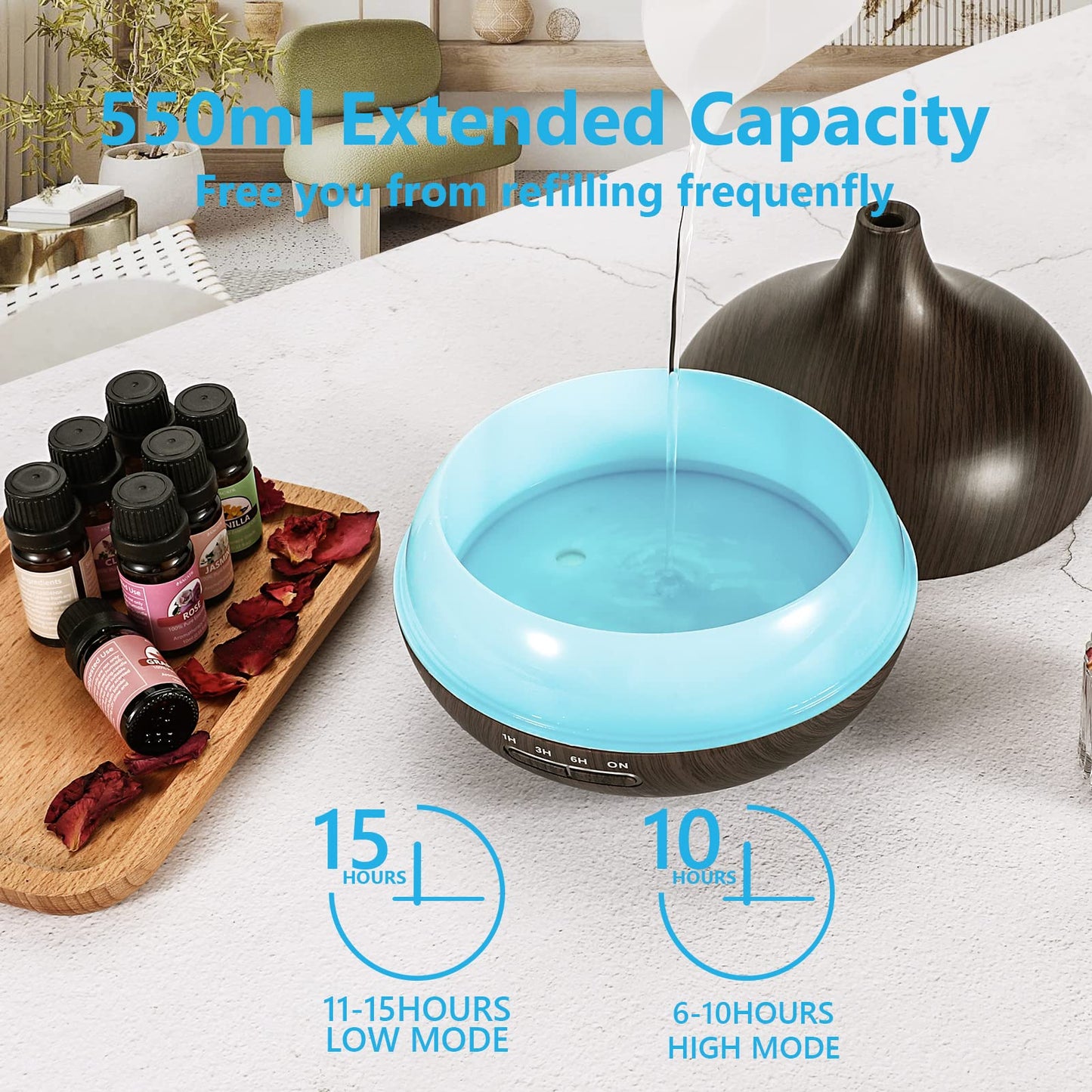 SACATR 550ml Oil Diffuser with 15x10mL Essential Oils, Ultrasonic Technology, Remote Control for Home Office