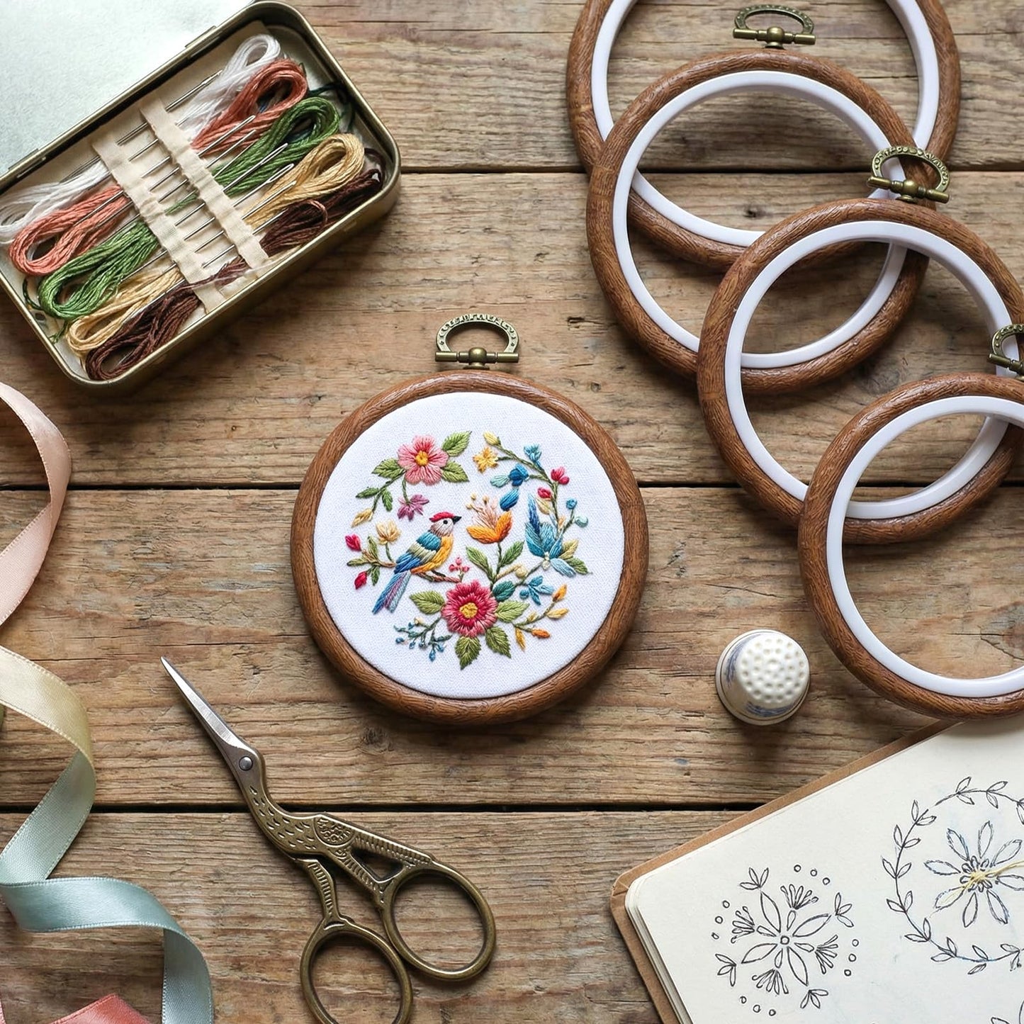 AOZUO 15 Pcs 4 Inch Embroidery Hoops Set, Round Imitated Wood Cross Stitch Hoop Rings Circle Display Frame Kits for Art Craft Sewing Embroidery Handy DIY Ornaments Christmas Decoration