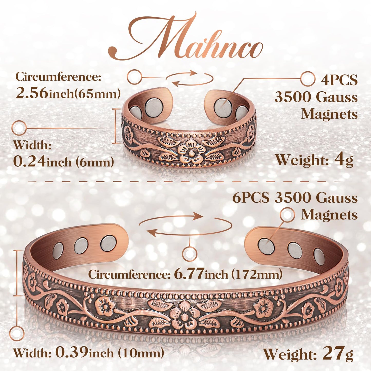 Copper Bracelet for Women & Lymphatic Drainage Ring, Adjustable 100% Solid Pure Copper Jewelry Gift with 6 Magnets, Vintage Unisex Wellness Design