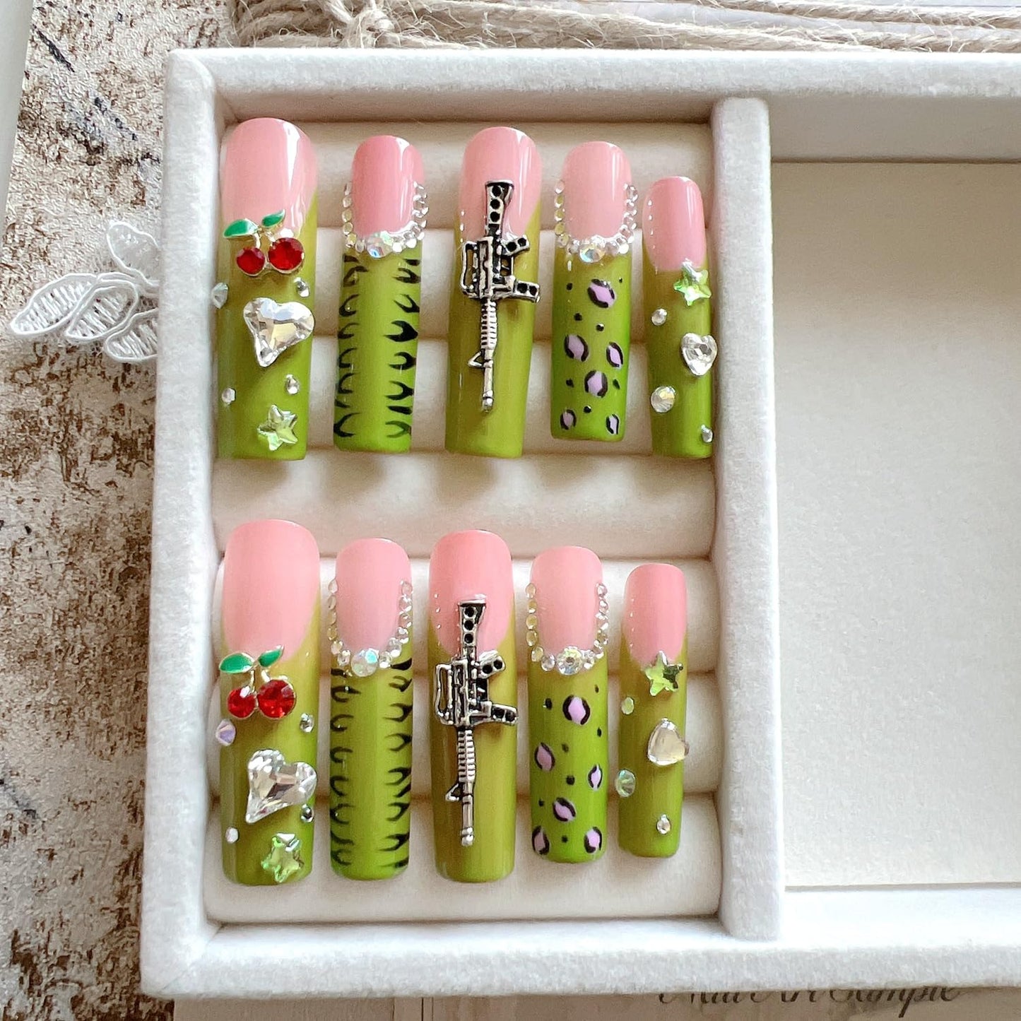NAIL ANGEL 10PCS/SET Handmade Press on nails Metal Glitter Rhinestone Green Leopard Prints Crystal Cherry Gem Long Coffin Nails Party Nails XXL Long Artifical Tips ZJ-07 (Multi-Color, ZJ07-S)