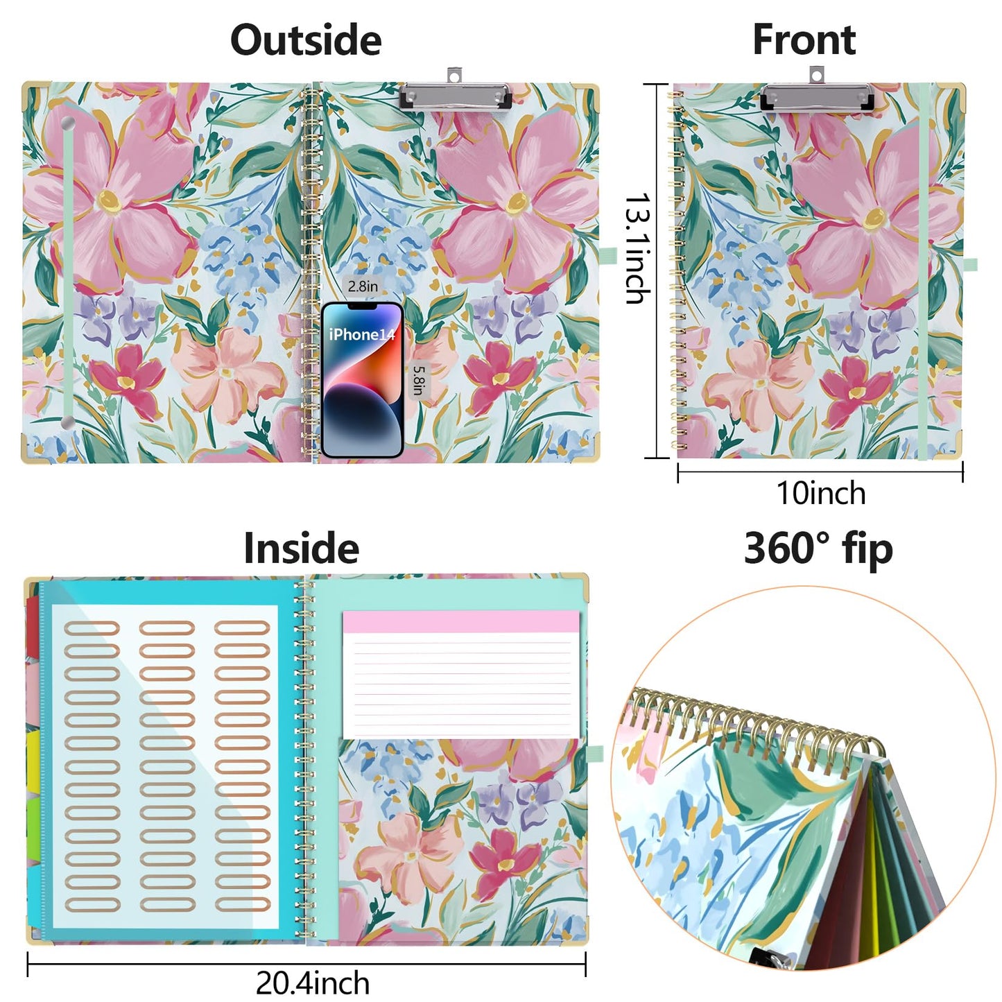 Clipboard Folio with Storage 8.5 X 11 Padfolio Notebook, Clipboards with Notepad Spiral with 10 Pockets and 5 Folders Nursing Teacher School Essentials (Pink Floral)