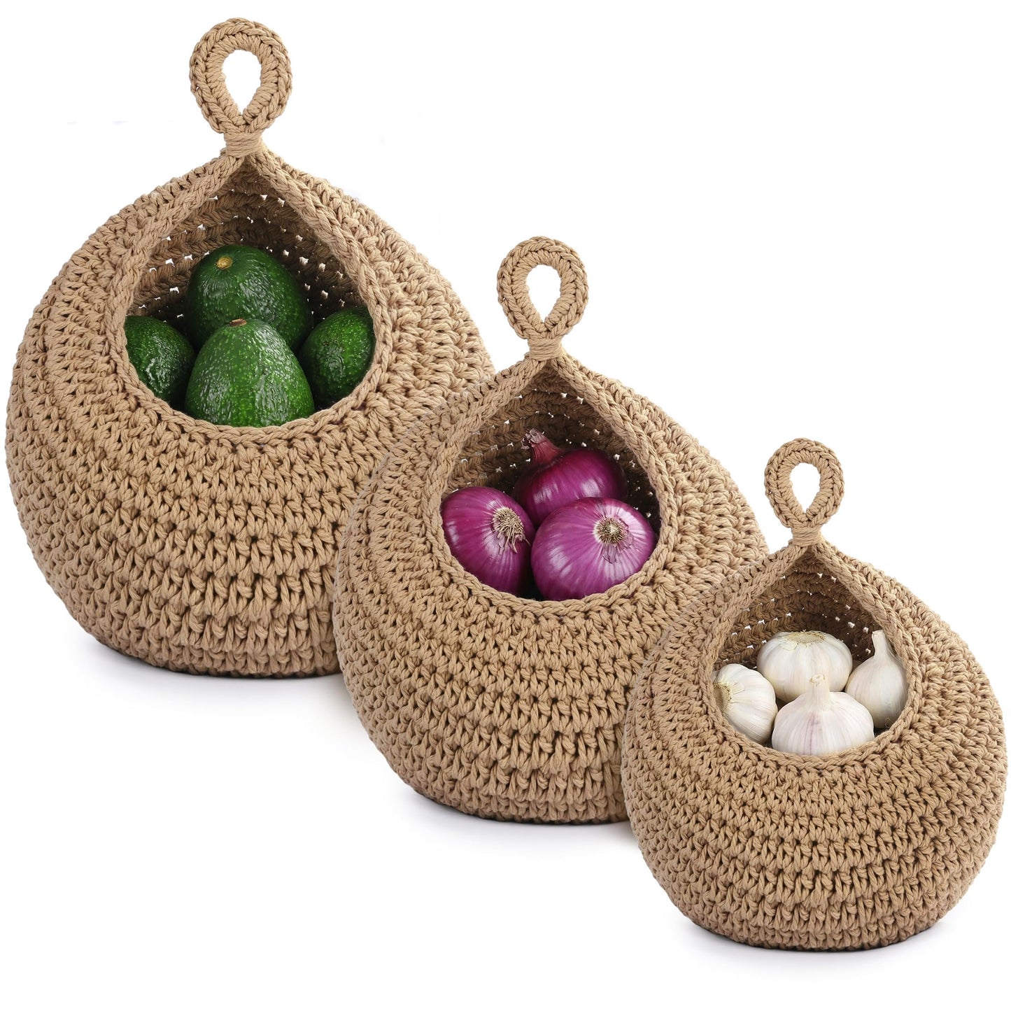 Hanging Storage Baskets Boho Decor Set of 3, Handmade Cotton Rope Wall-Mounted Fruit & Vegetable Baskets, Decorative Hanging Organizers for Kitchen, Entryway, Bathroom & Bedroom