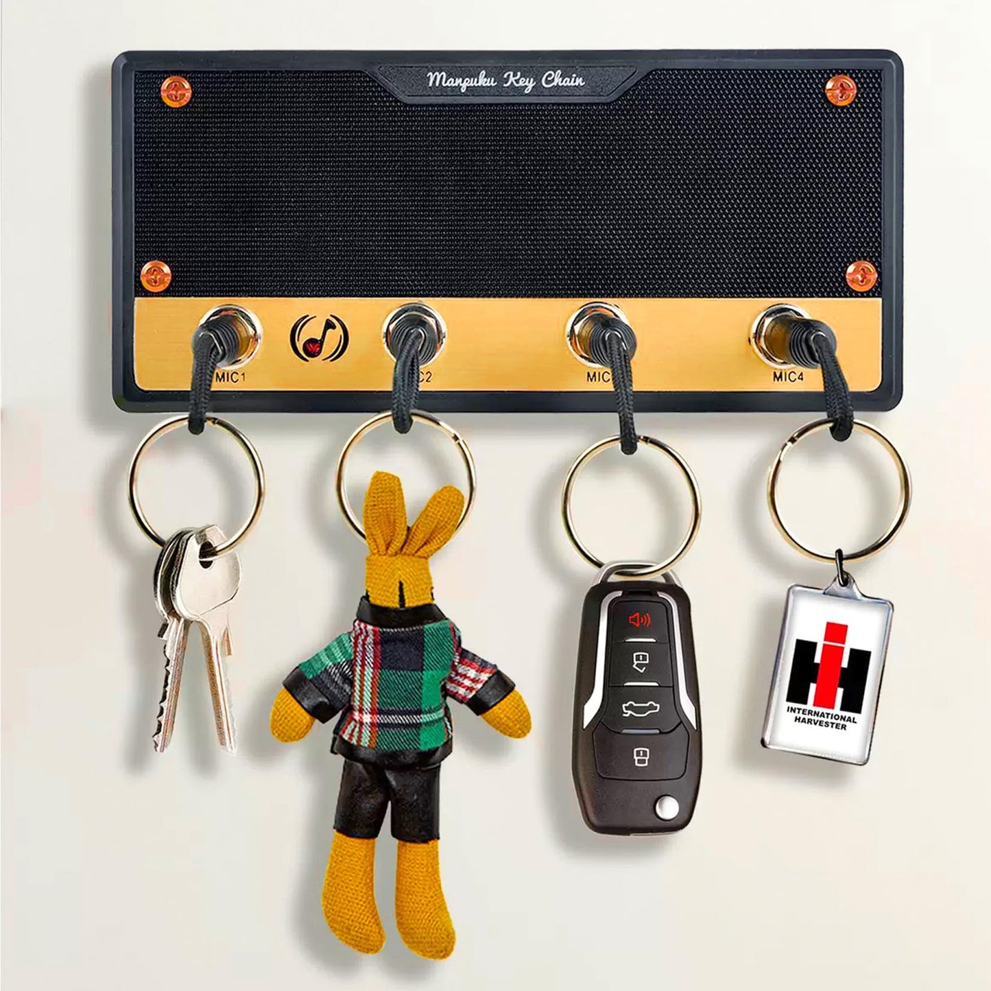 SaSpoloi Guitar Amp Key Holder for Wall Mount, Includes 4 Guitar Plug Key Fobs and 1 Wall Mounting Kit (Black)