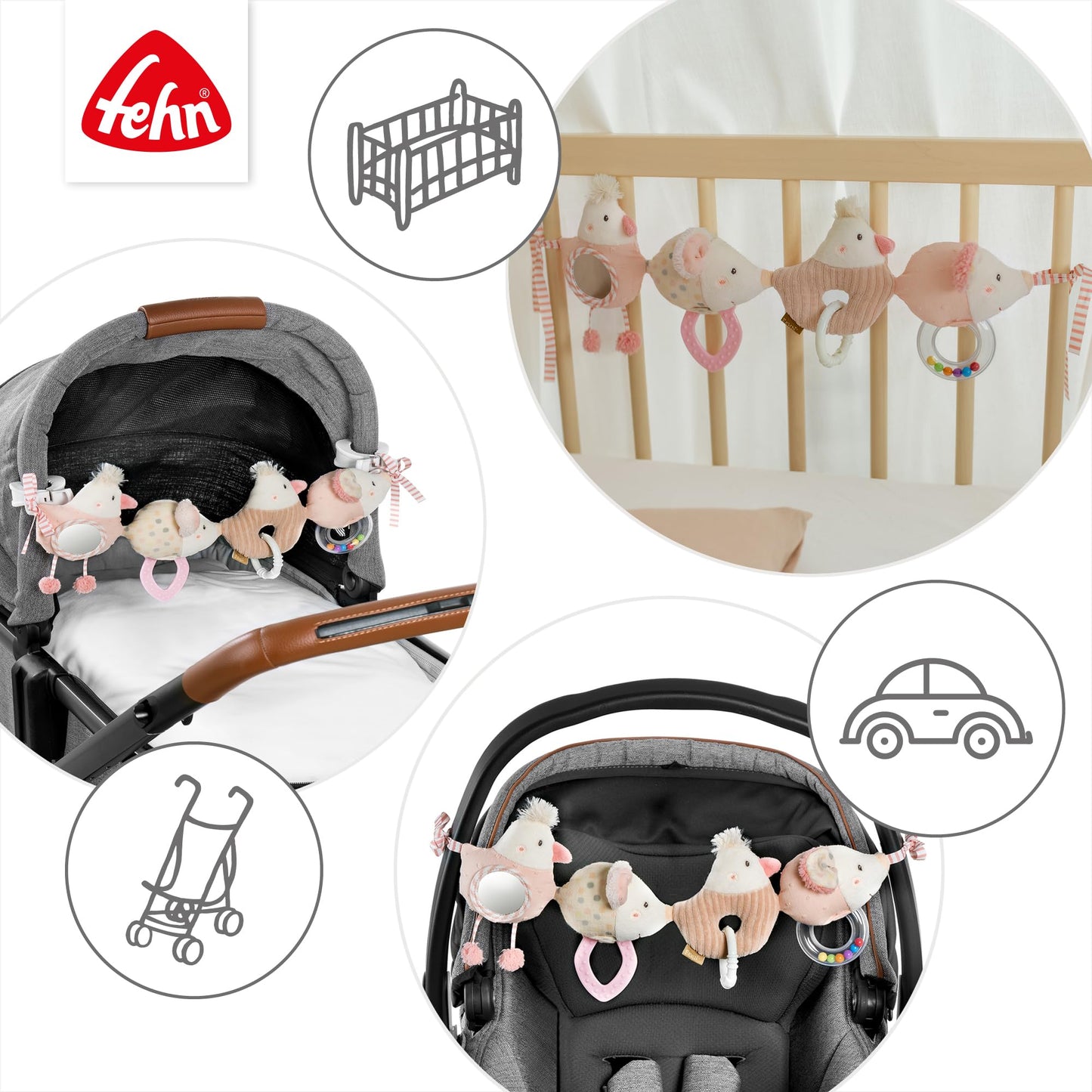 Fehn FeehnLAND Stroller Chain, Mobile Chain with Cute Hanging Figures, Flexible Hanging Motor Activity Toy, Play Bow for Babies and Toddlers from Birth