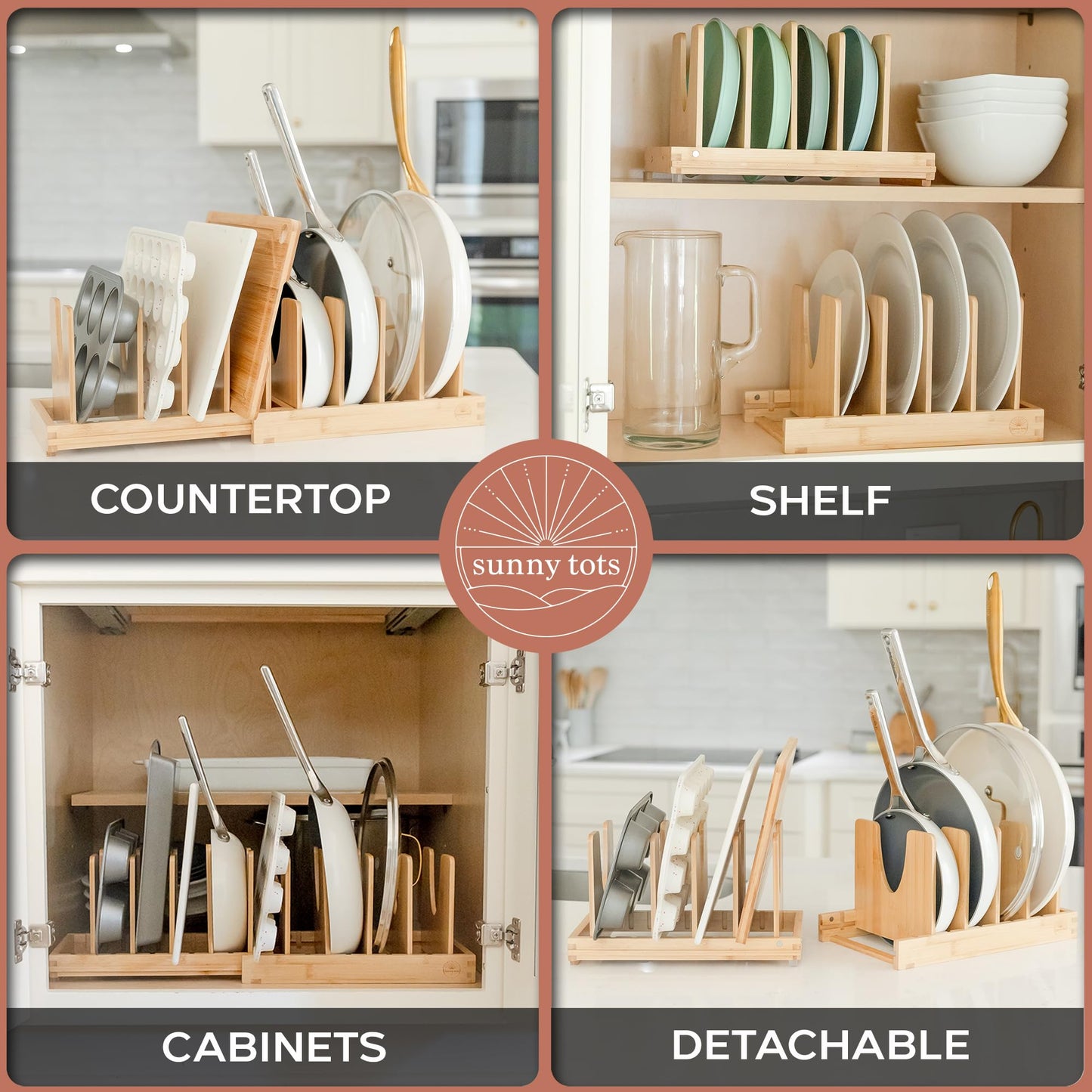 Pot and Pan Organizer for Under Cabinet – Bamboo Pot Lid Organizer for Cabinet with Magnetic Lock, Expandable 2-in-1, Adjustable Dividers, Non-Slip Base for Cutting Boards, Cookie Sheets, Bakeware