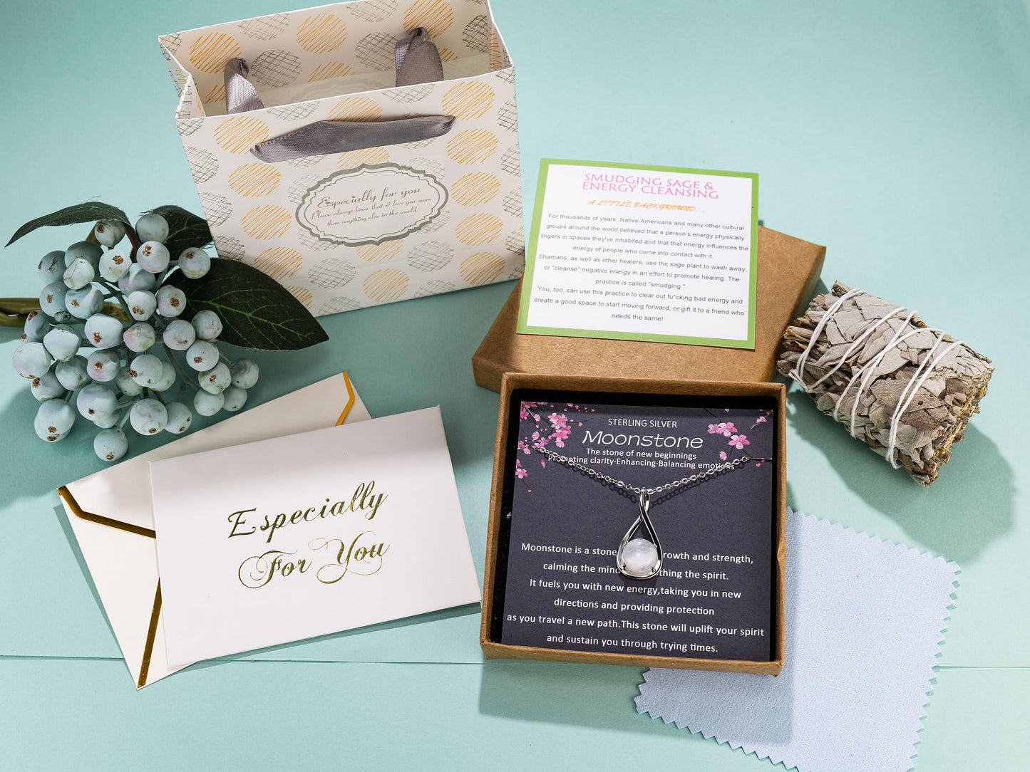 MILEPOSTJEW Sterling Silver Moonstone Necklace, Infinity Pendant with Chain, New Beginnings Gift with White Sage