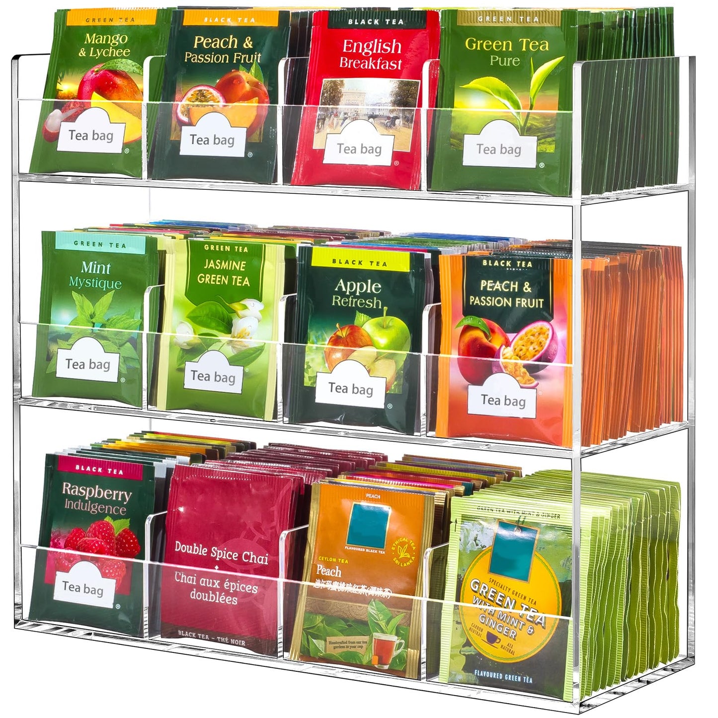 BEYGORM Acrylic Tea Bag Organizer for 216 Tea Packets, No Assembly Required, Display Holder for Countertop, Vertical Tea Bag Caddy for Cabinet, Tea bar Accessories, Teabags Storage Containers