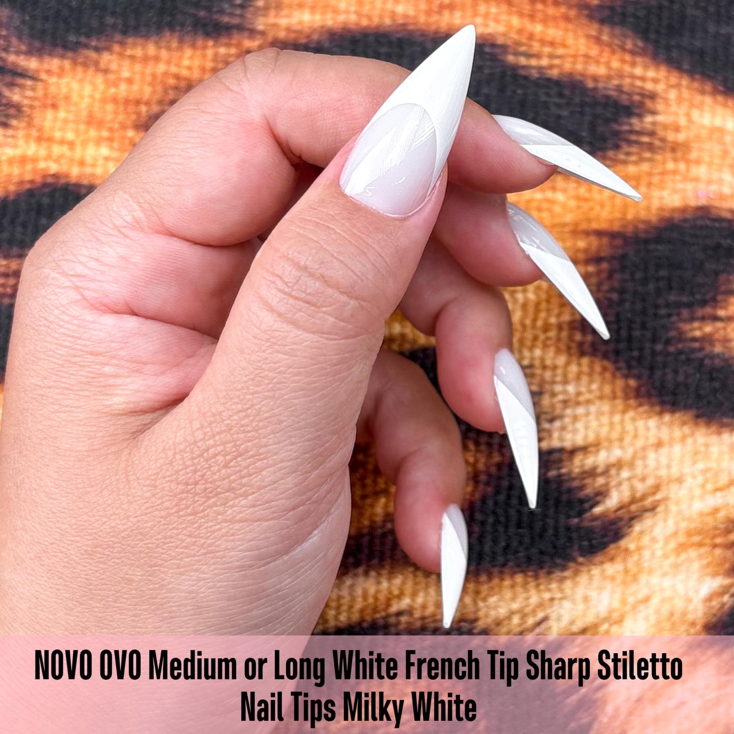 NOVO OVO Medium Long Sharp Stiletto Nail Tips (White French Tip) -Milky White Nude Soft Gel Press Ons, Pre-Designed Full Cover Fake Nails for Instant Salon Manicure, 16 Sizes (160 Pcs)