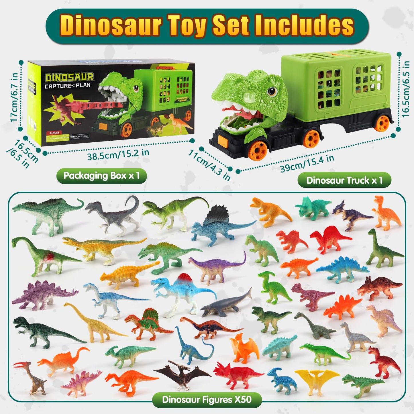 Oiuros 50PCS Dinosaur Truck Toy, Tyrannosaurus Capture Vehicle with 50 Dinosaur Figures, Educational Jurassic Playset for Boys & Girls - Perfect Birthday