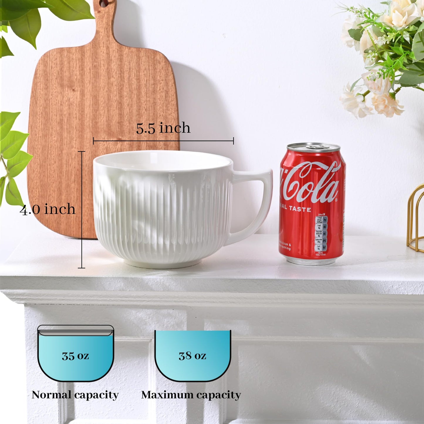 Ceramic Soup Bowl with Handle, Extra Large 38oz Ramen Bowl with Lid, Jumbo Soup Mug/Cup for Oatmeal, Cereals, Pasta, Noodle, Soup Container Meal-prep, Microwave & Dishwasher safe, 5.5 inch-White