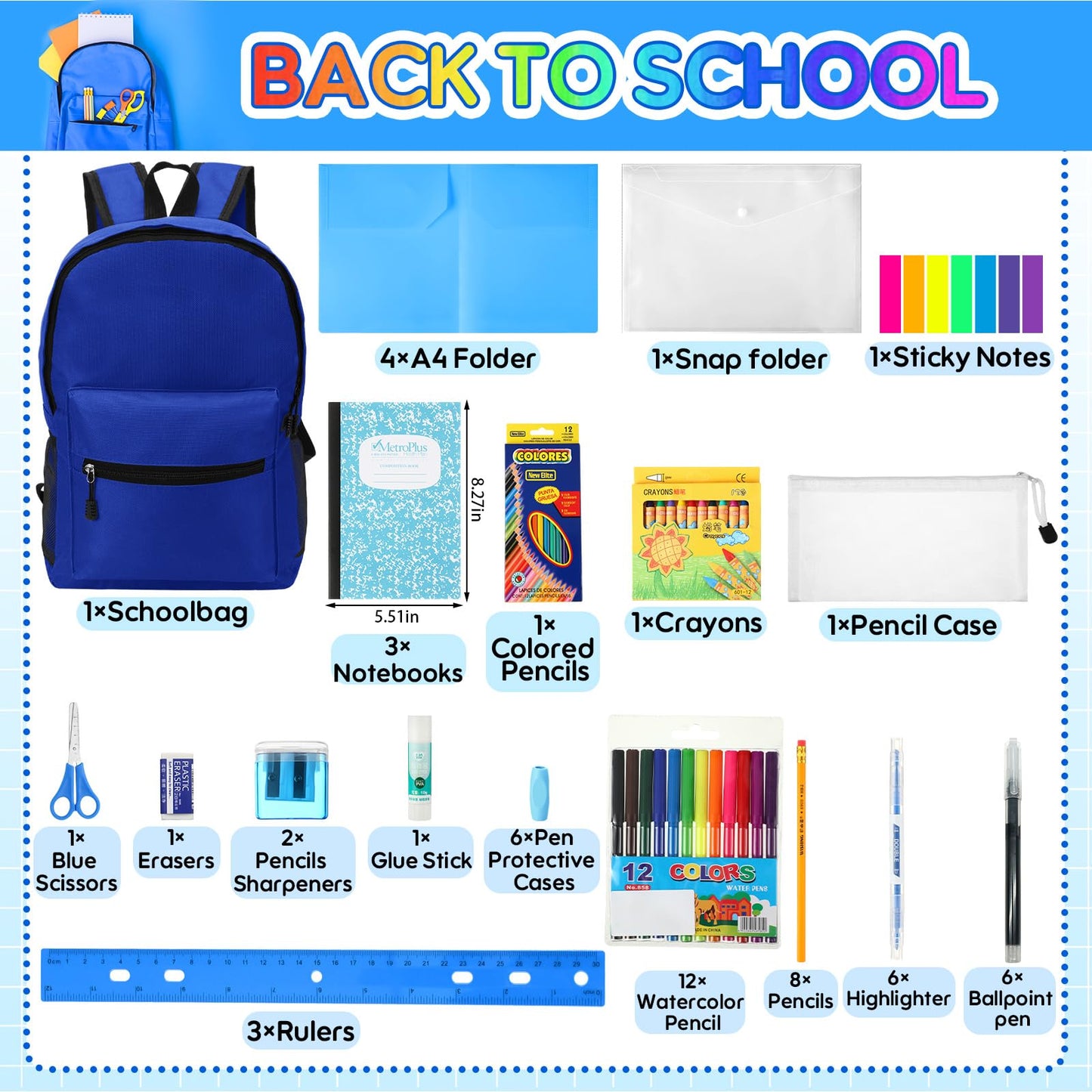 Gilprop 86 Pcs School Supplies Kit with Backpack Back to School Supplies Bag Set Elementary Essential Bundle Bulk for Student Classroom(Blue)