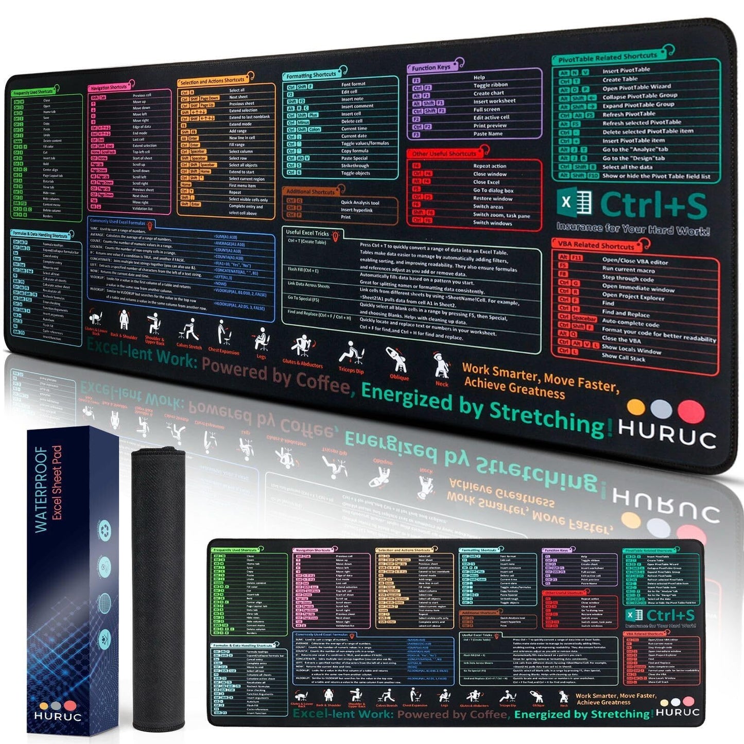 HURUC Excel Cheat Sheet Desk Pad – XL Excel Mouse Pad with Shortcut Keys & Formulas | 31.5"x11.8" Waterproof Non-Slip Desk Mat, HD Print, Stitched Edges for Work & Gaming