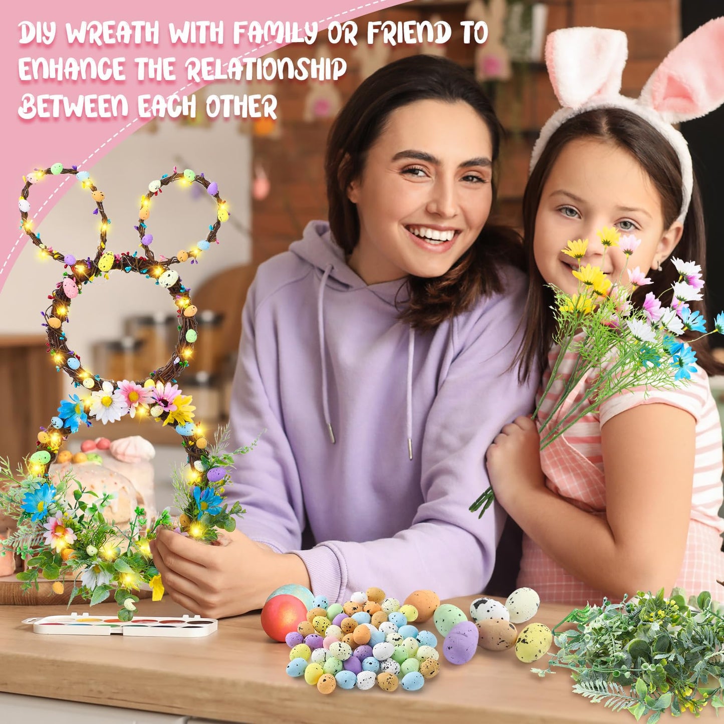 Hotop 111 Pcs Easter Wreath DIY Decorations Kits Included 24 Inch Bunny Shaped Grapevine Wreath Artificial Flowers Eggs Leaves Berry and Vines for Easter DIY Crafts Front Door Wall Decor