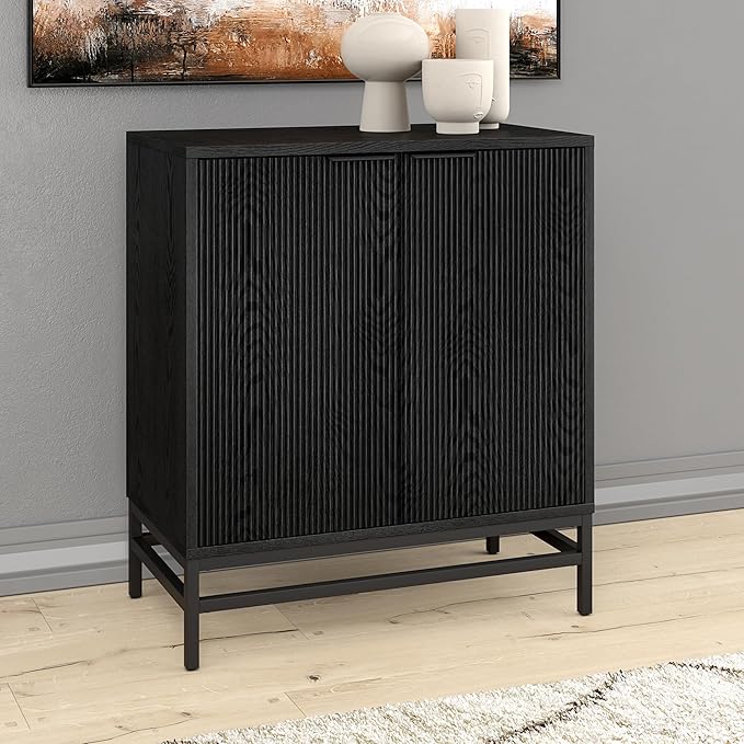 Henn&Hart 28" Fluted Wooden Accent Cabinet, Modern Ribbed Sideboard Buffet Cabinet with 2 Doors and an Adjustable Shelf for Living Room, Dining Room, Bedroom or Entryway, Black Grain